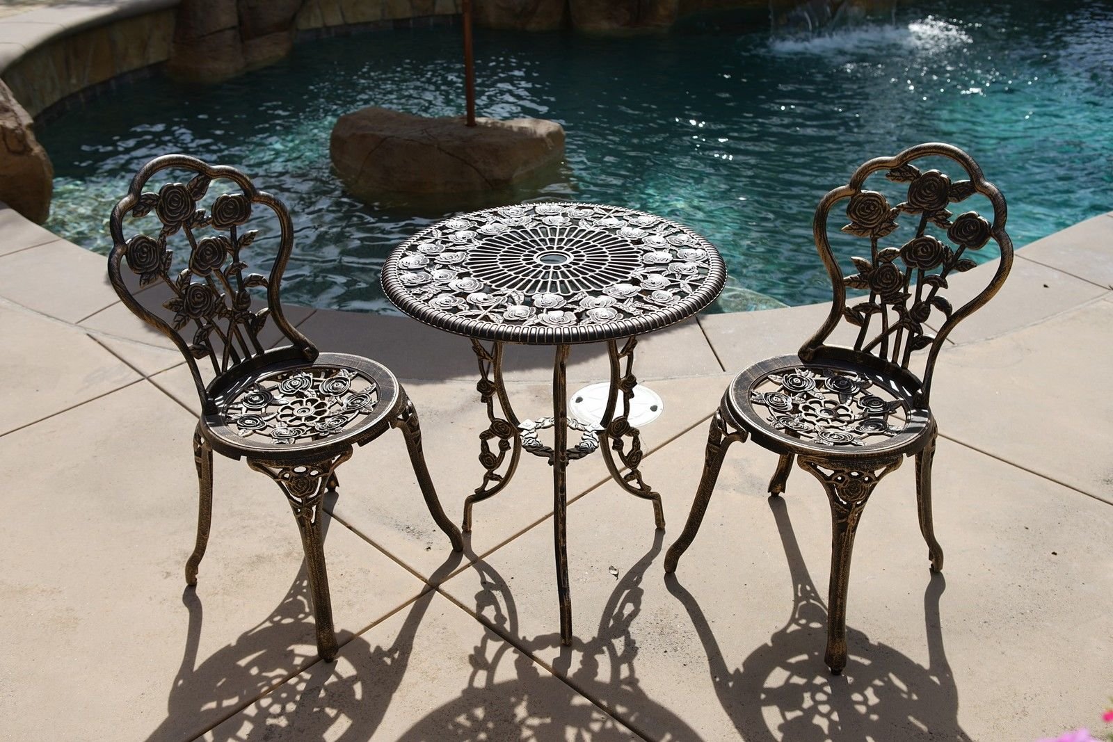 Vintage Rose Pattern 3-Piece Outdoor Bistro Set - Cast Iron & Aluminum Patio Furniture with Antique Bronze Finish | Perfect for Garden, Balcony, and Backyard Dining