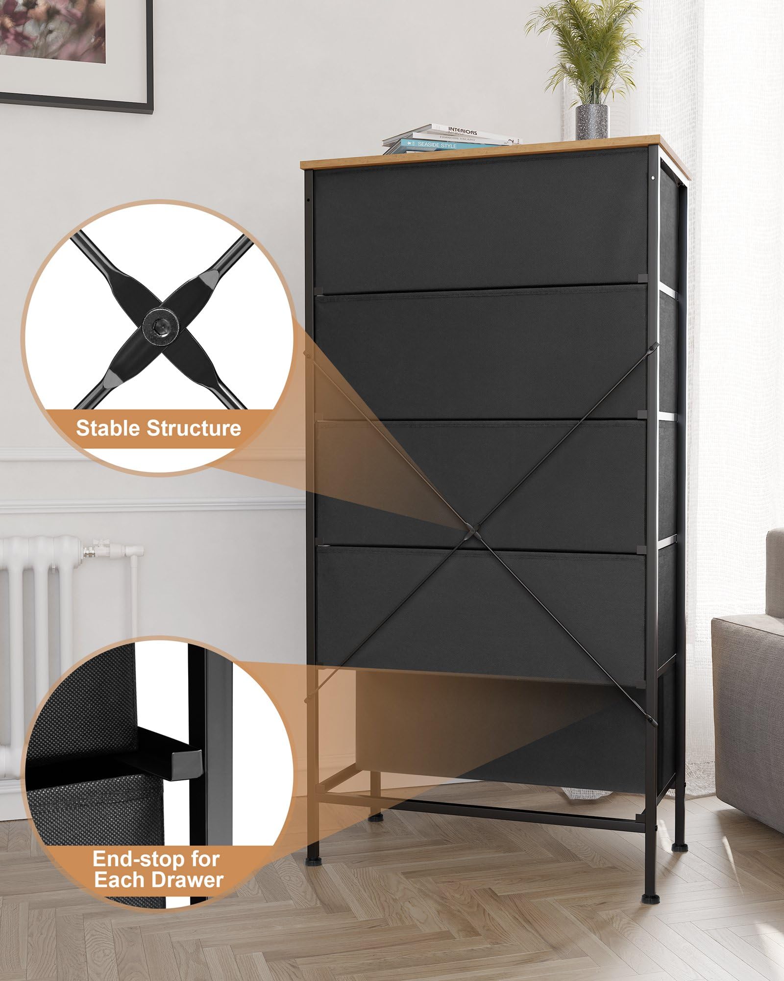 Crestlive 5-Drawer Rattan Dresser Storage Tower with Wood Top - Tall Fabric Dresser Organizer for Bedroom, Hallway, Entryway & Closet - Natural Woven Chest of Drawers | Perfect for Small Space Organization & Home Decor