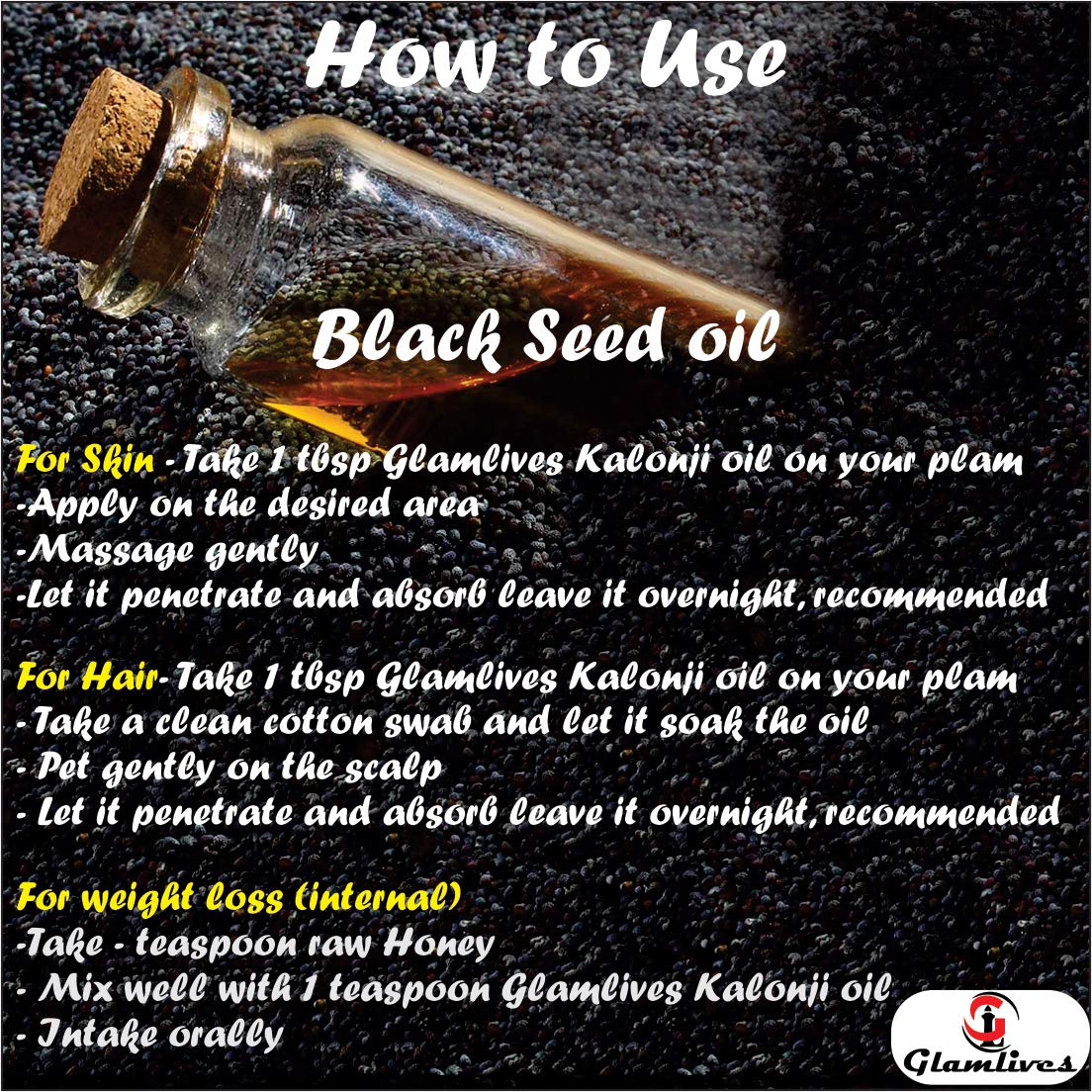 Glamlives Black Seed Oil (300ml) - 100% Pure & Organic Kalonji Oil for Hair Growth & Scalp Care | Natural Remedy for Dry Hair, Dandruff & Split Ends | Perfect for Daily Hair Treatment & Massage