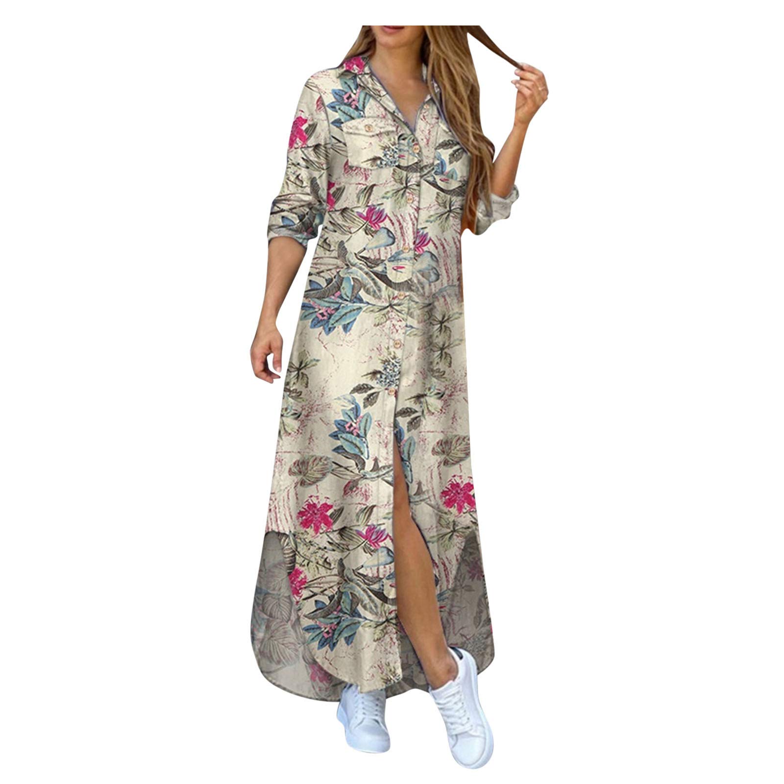 ForestYashe Women's Long Sleeve Lapel Button Up Cotton Floral Print Shirt Dress - Maxi Length Irregular Hem Casual Summer Dress for Beach, Vacation & Everyday Wear