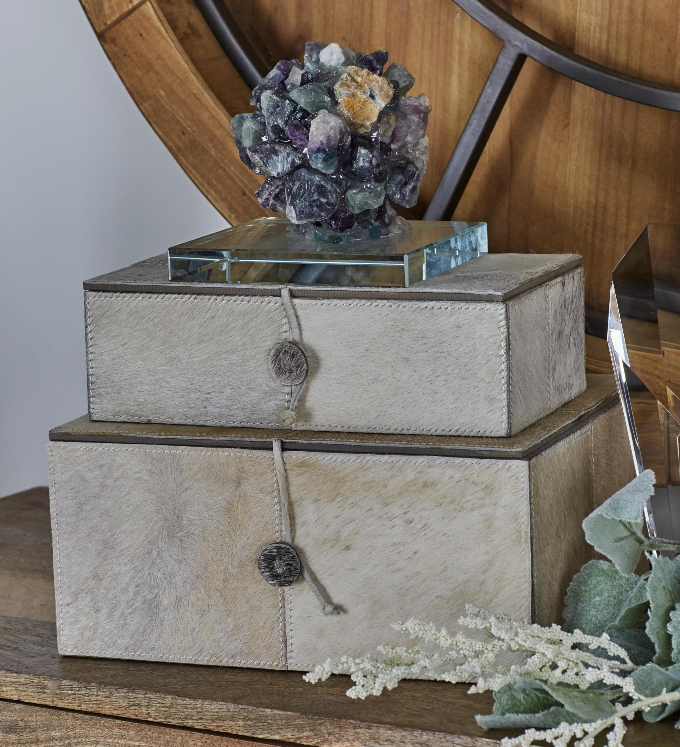 Handmade Leather Storage Box Set - Cowhide Decorative Keepsake Boxes with Loop Fastener, 11