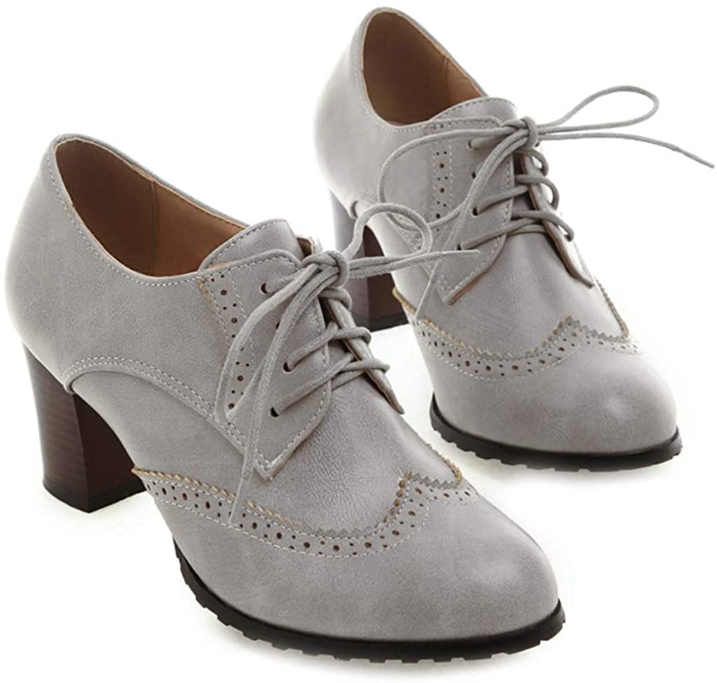 Women's Block Heel Oxford Shoes - Comfortable PU Leather Lace-Up Pumps for Office, School & Casual Wear - Chunky Heel Dress Shoes for Women