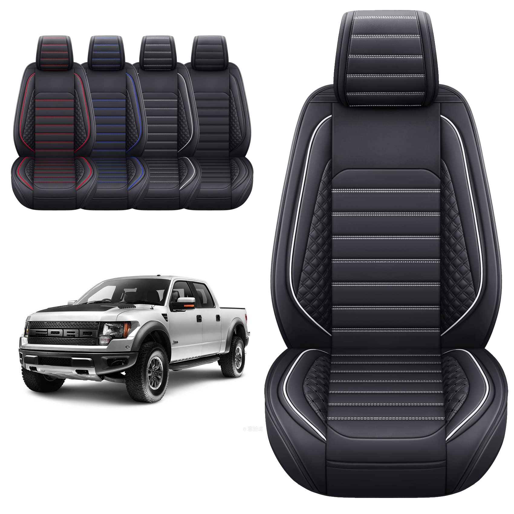 YIERTAI Waterproof Leather Seat Covers for 2009-2025 Ford F150 & 2017-2025 F250 F350 F450 SuperCrew - 2-Piece Front Set (Black-White) - Durable Cushion Protectors for Trucks & Off-Road Adventures
