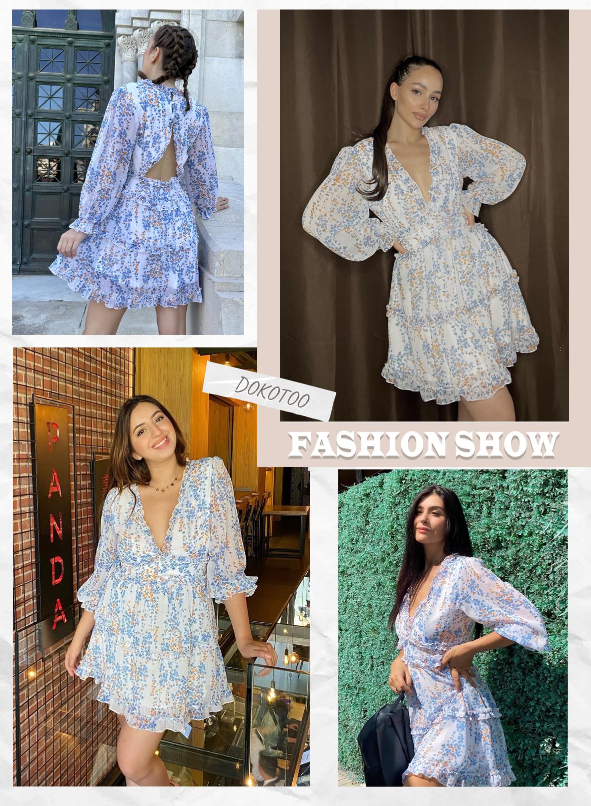 Dokotoo Women's Deep V Neck Long Sleeve Backless Ruffle Floral Flowy Mini Dress for Spring Summer 2025 | Sexy Party Cocktail Dress for Night Out, Date Night, Beach Vacation