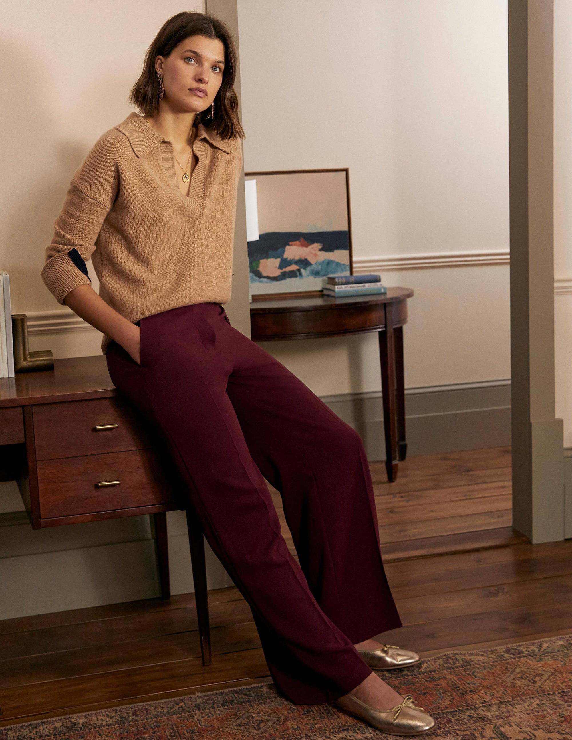 Albemarle Women's Wide Leg Pants - Mulled Wine Color High Waisted Linen Pants for Casual Wear, Office & Summer Outfits