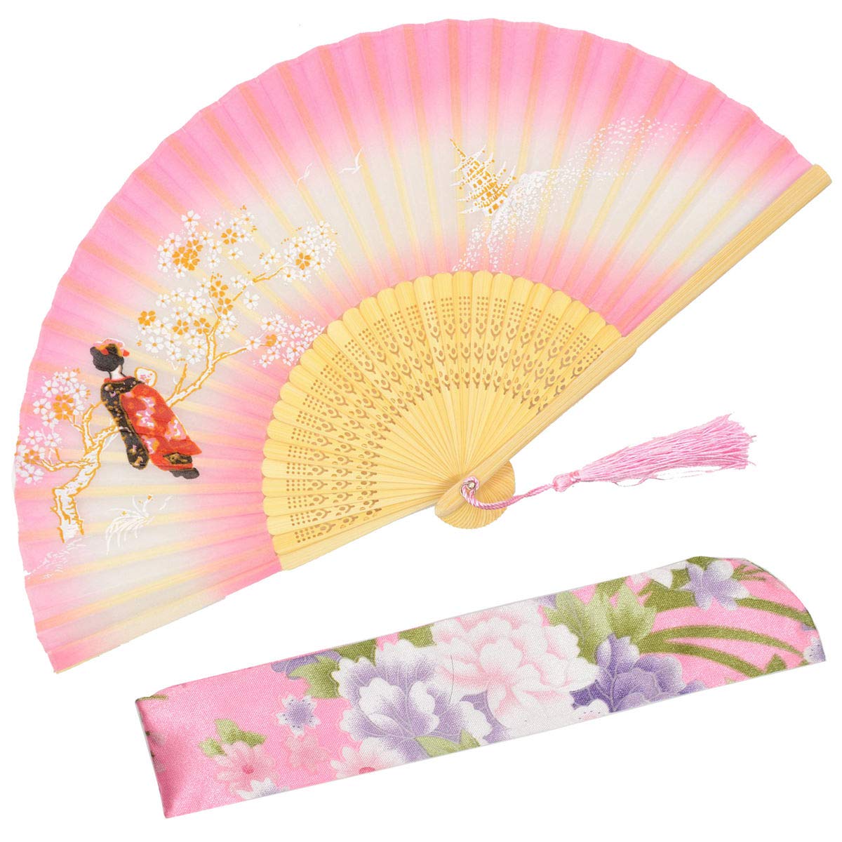 Vintage Silk Folding Hand Fan for Women - Chinese & Japanese Style Pink Handheld Fan with Fabric Sleeve - Perfect Gift for Weddings, Tea Ceremonies & Summer Cooling