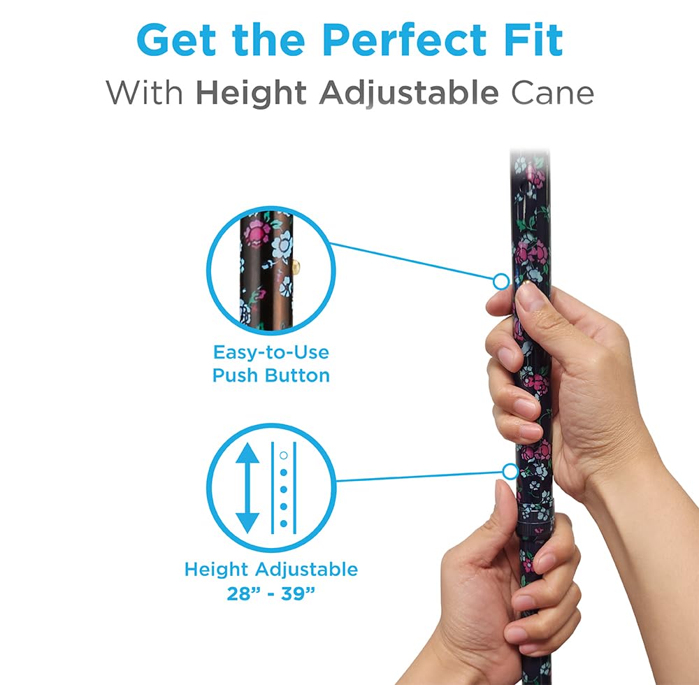 Lightweight Adjustable Walking Cane with Offset Handle - Ergonomic Support for Seniors & Mobility Aid - Comes with Carrying Strap - Stylish Black with Blue & Pink Floral Design - Perfect for Daily Use, Travel & Outdoor Activities