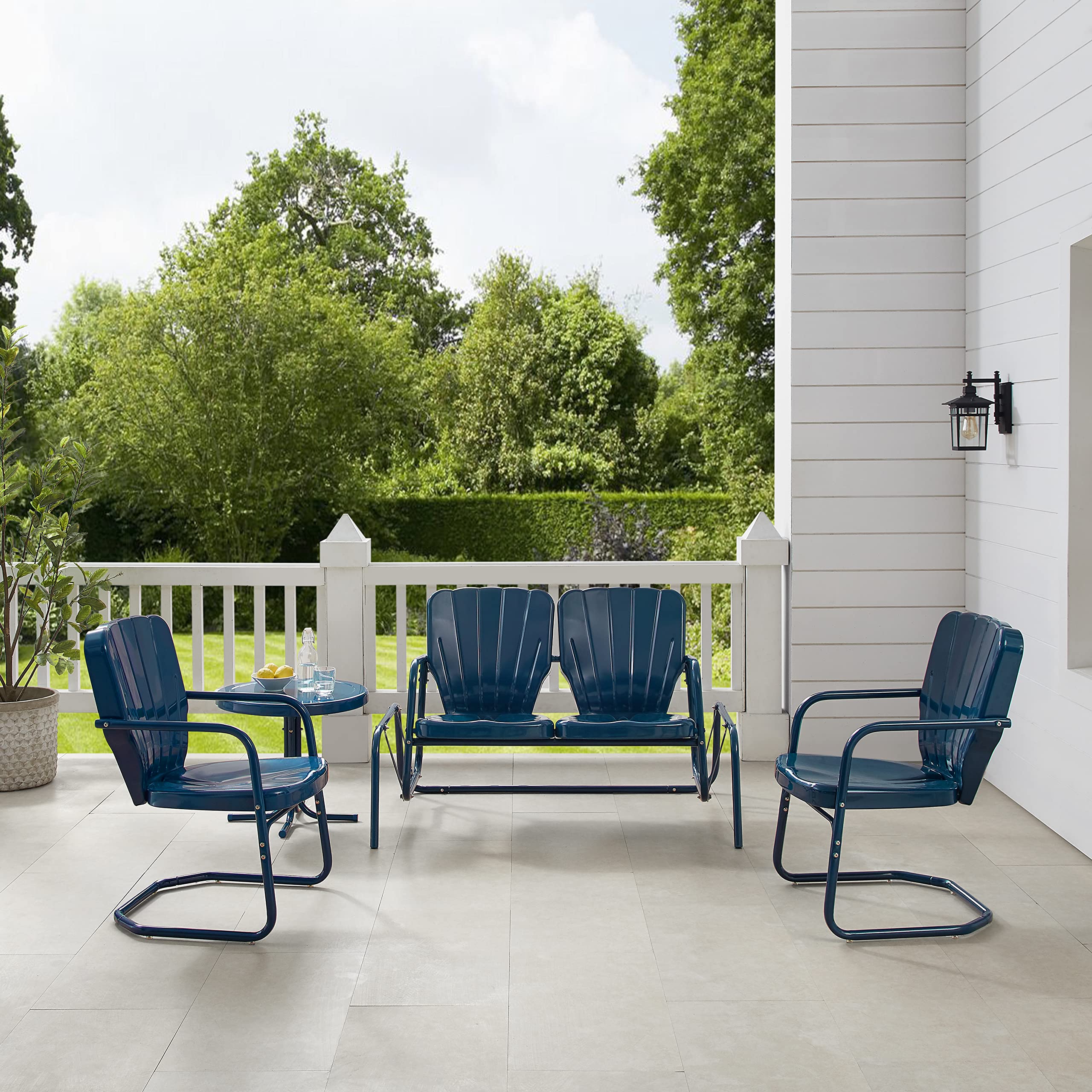 Crosley Furniture Ridgeland 4-Piece Retro Metal Outdoor Loveseat Glider Patio Set - Navy Gloss Finish - Perfect for Porch, Deck, Garden & Backyard Relaxation