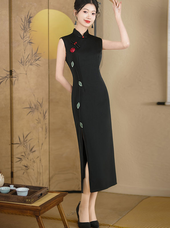 2024 Black Embroidered Cheongsam Qipao Dress - Elegant Chinese Traditional Dress for Women, Perfect for Weddings, Parties & Special Occasions
