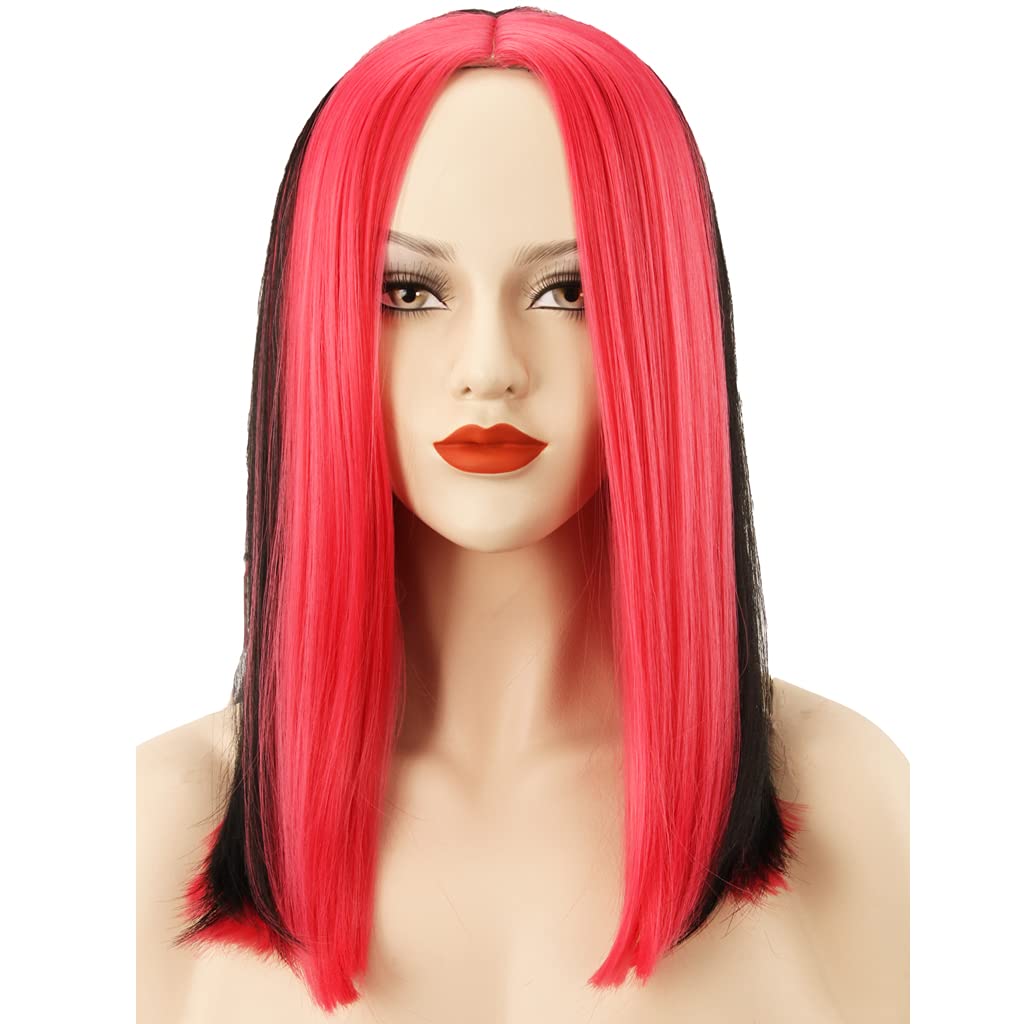 HH Building Strips Highlight Straight Shoulder Length Party Wig - Black & Rose Red Synthetic Hair for Cosplay, Halloween & Costume Parties