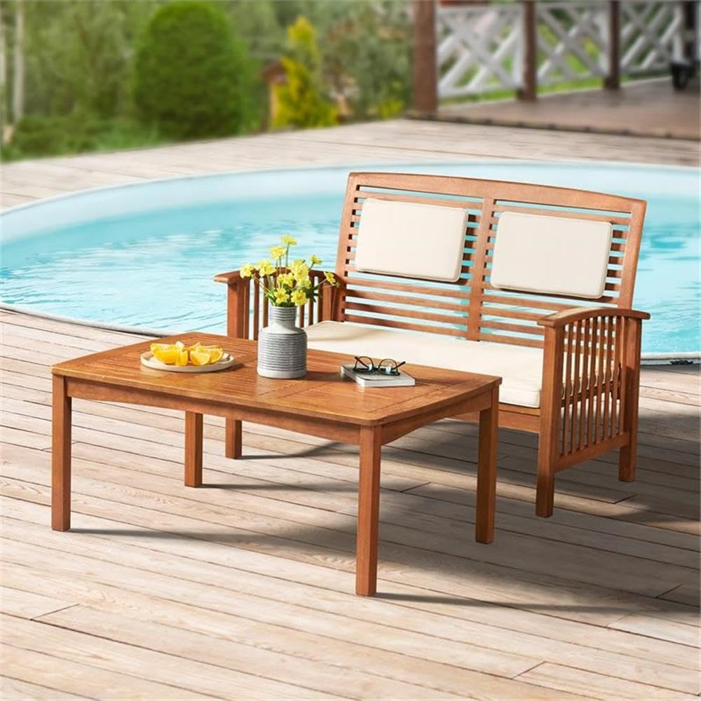 Lyndon Eucalyptus Wood Outdoor 2-Piece Patio Set - Weather-Resistant 2-Seat Bench with Cushions & Cocktail Table - Durable Garden Furniture for Deck, Backyard or Poolside Relaxation