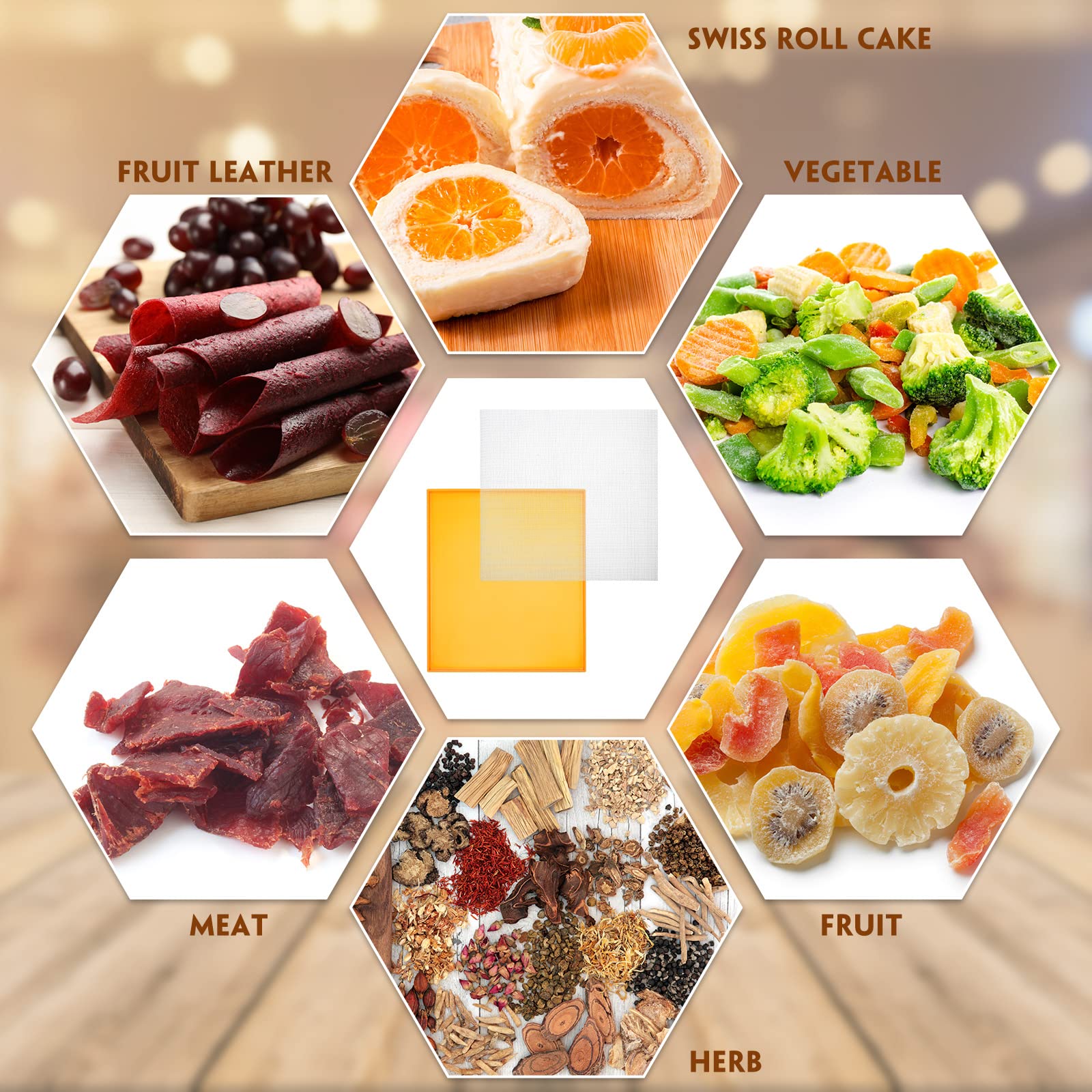 Thenshop 8 Pcs Silicone Dehydrator Sheets with Edge + 10 Pcs Mesh Dehydrator Mats with Silicone Scraper - Non-Stick Fruit Leather Trays for Liquid, Meat & Fruit (Orange) - Perfect for Food Dehydrators, Jerky Making & Healthy Snacks