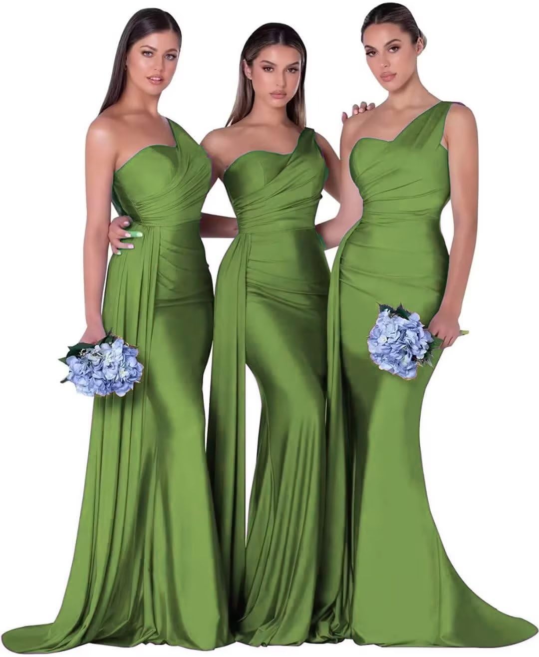 Alikey Women's One Shoulder Mermaid Bridesmaid Dress - Long Satin Prom Gown with Train for Weddings, Parties & Special Occasions - Olive Green
