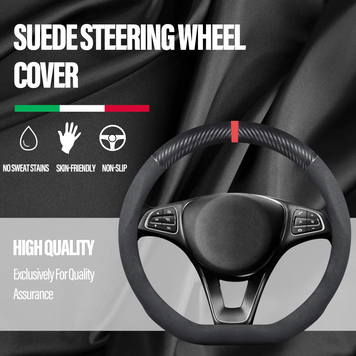 Ergocar Non-Slip D-Shaped Steering Wheel Cover - Premium Suede & Velvet Leather, Universal Fit for 38cm (15
