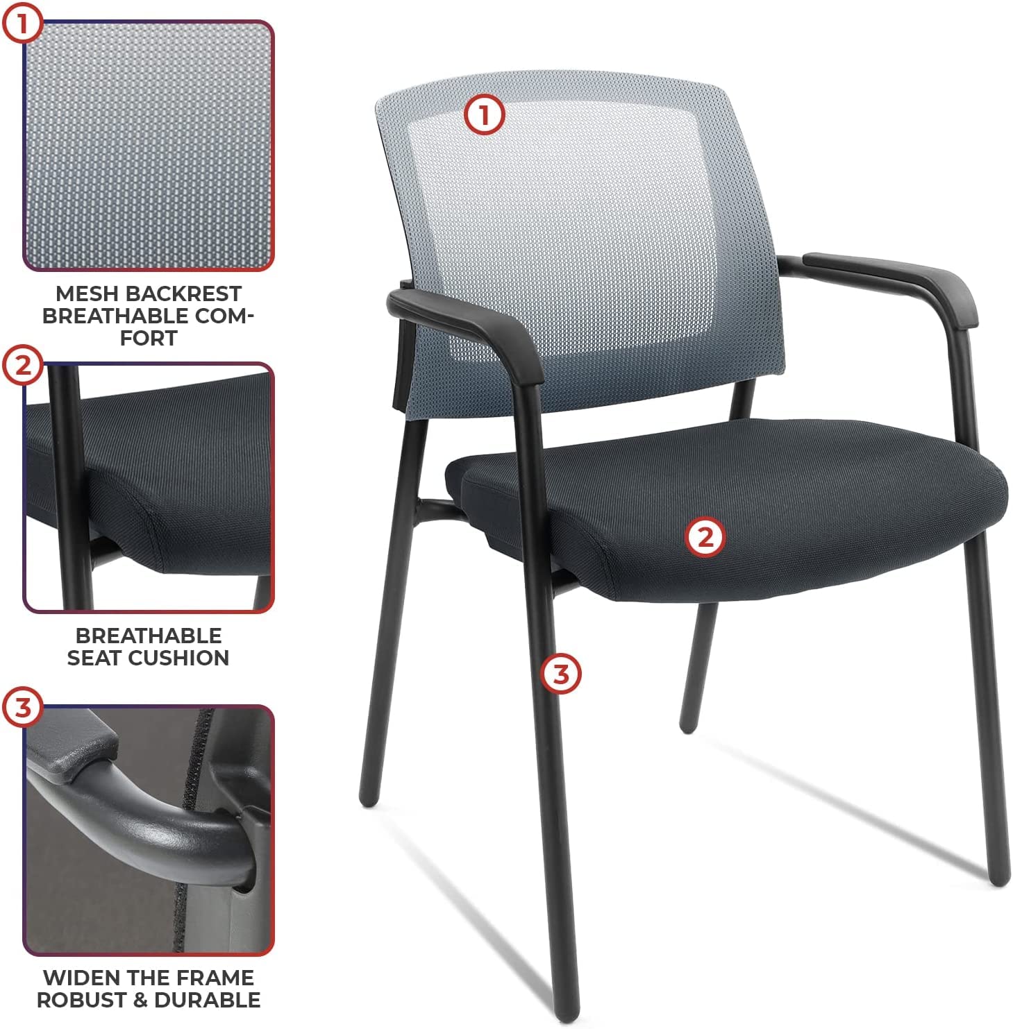 Clatina Ergonomic Mesh Guest Chair with Arms - Stackable Office Chair for Home, Waiting Room, Lobby & Conference - Breathable Back Support, No Wheels (Alba Gray, 2-Pack) - Perfect for Reception Areas, Meeting Rooms & Small Office Spaces