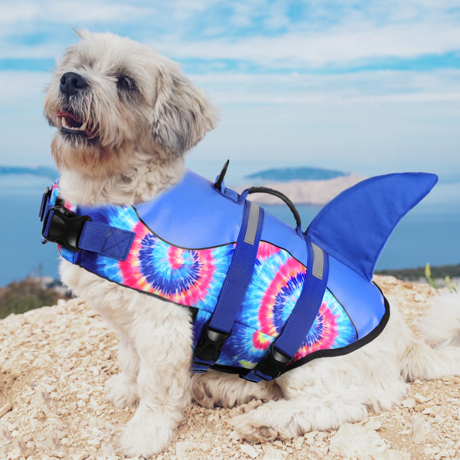 ASENKU Dog Life Jacket - Safety Vest for Swimming & Boating | Shark Design Pet Life Preserver | Flotation Swimwear for Small Medium Large Dogs | Perfect for Pool, Beach & Water Activities (Blue Bandhnu, Size M)