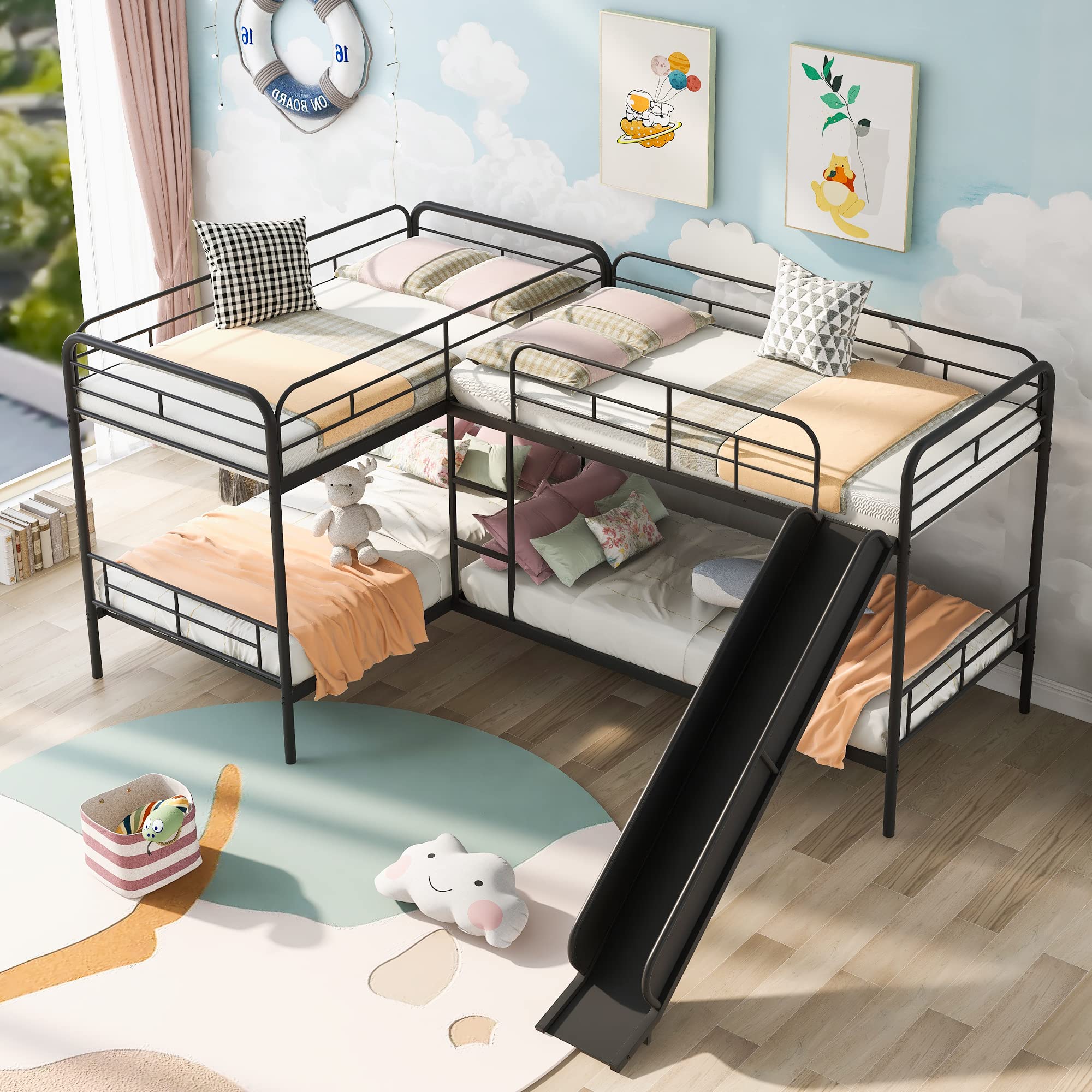 Harper & Bright Designs Twin Over Twin Bunk Bed with Slide - Metal Bunk Beds for Kids with Guardrail & Ladder - No Box Spring Needed - Black - Perfect for Kids' Bedrooms, Sleepovers & Space-Saving Solutions
