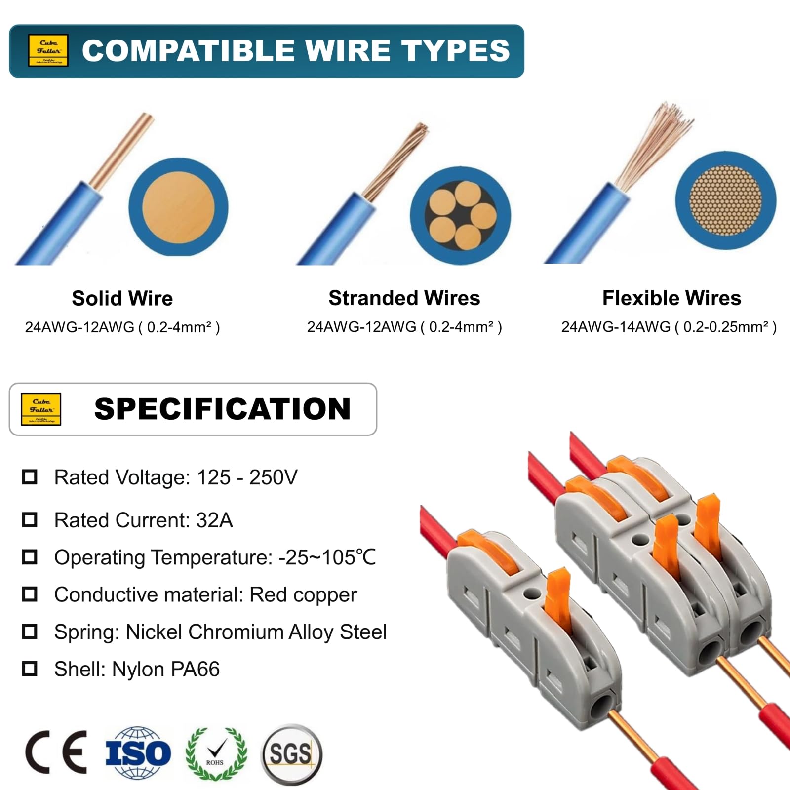 CUBEFELLER® 60pcs Lever Wire Connectors - 24-12 AWG Splicing Connectors for Solid & Stranded Wires, Compact 1 Conductor Electrical Connectors | Ideal for Home Wiring, DIY Projects & Electrical Repairs