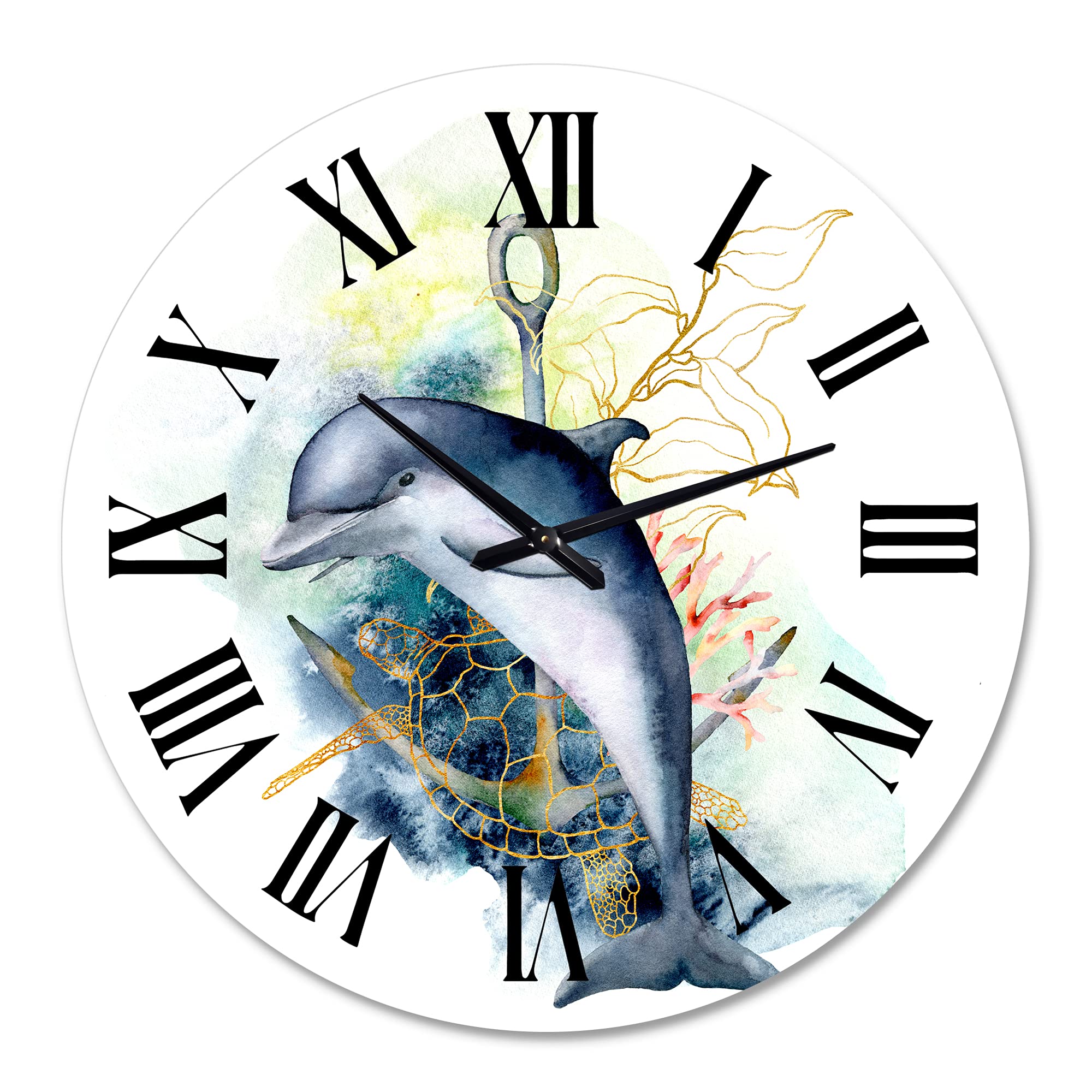 DesignQ Nautical Coastal Wall Clock with Dolphin, Turtle & Coral Reef Design - Large Decorative Clock for Bedroom, Living Room & Office | Perfect for Beach House Decor & Coastal Theme Interiors