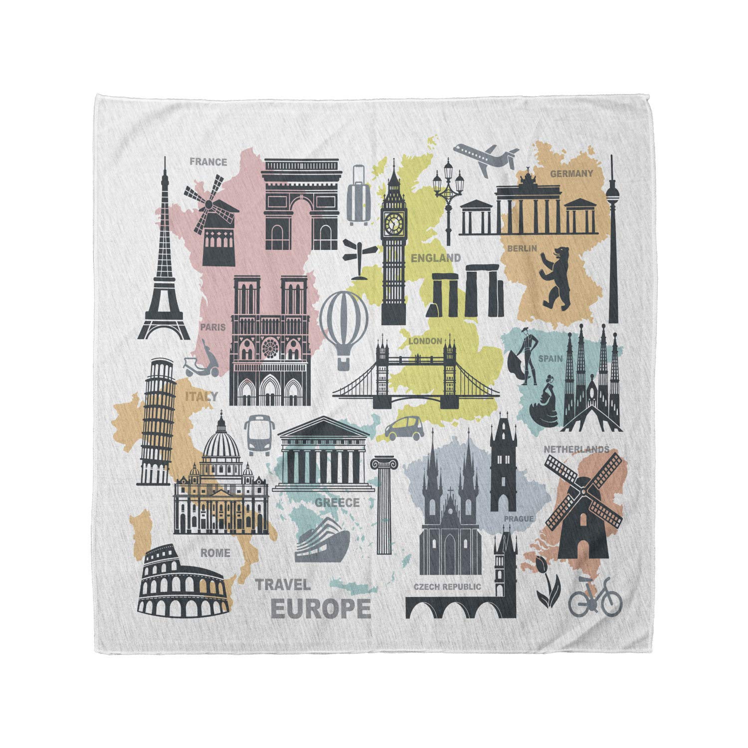 Ambesonne Travel Bandana - Europe Landmarks Map Design, Unisex Head & Neck Scarf for Hiking, Cycling & Travel Accessories | Perfect for Outdoor Adventures & Fashion