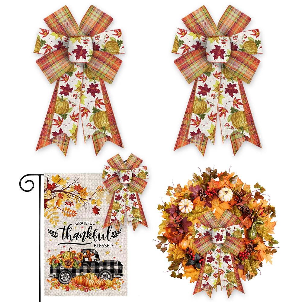 ALIBBON 2Pcs Fall Wreath Bows - Thanksgiving Decor for Doors & Indoor/Outdoor