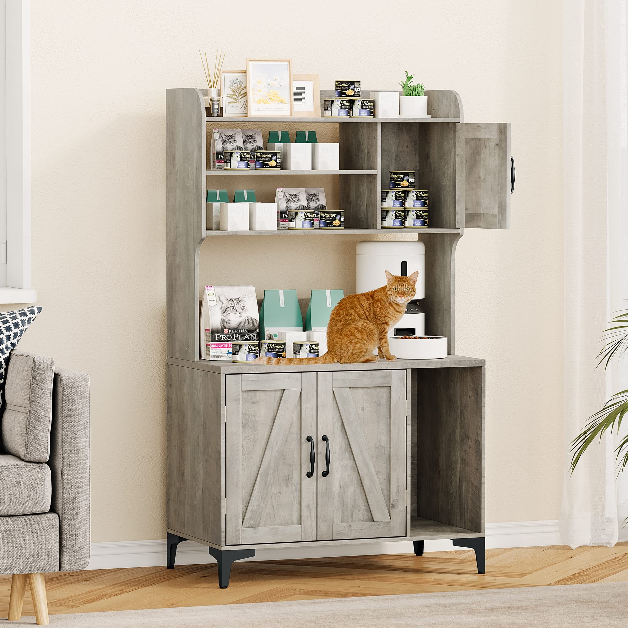 IDEALHOUSE Wooden Cat Litter Box Enclosure with Shelves & Doors - Sturdy Hidden Litter Box Furniture Cabinet for Indoor Cats - Grey | Perfect for Small Spaces & Home Decor