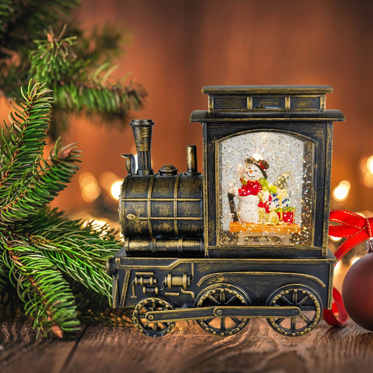 Charming Singing Snowman Family Snow Globe Lantern with Timer & Glittering Snow Effect - Bronze Train Design | Battery/USB Powered | Perfect for Christmas Decor, Gift Giving & Holiday Home Décor