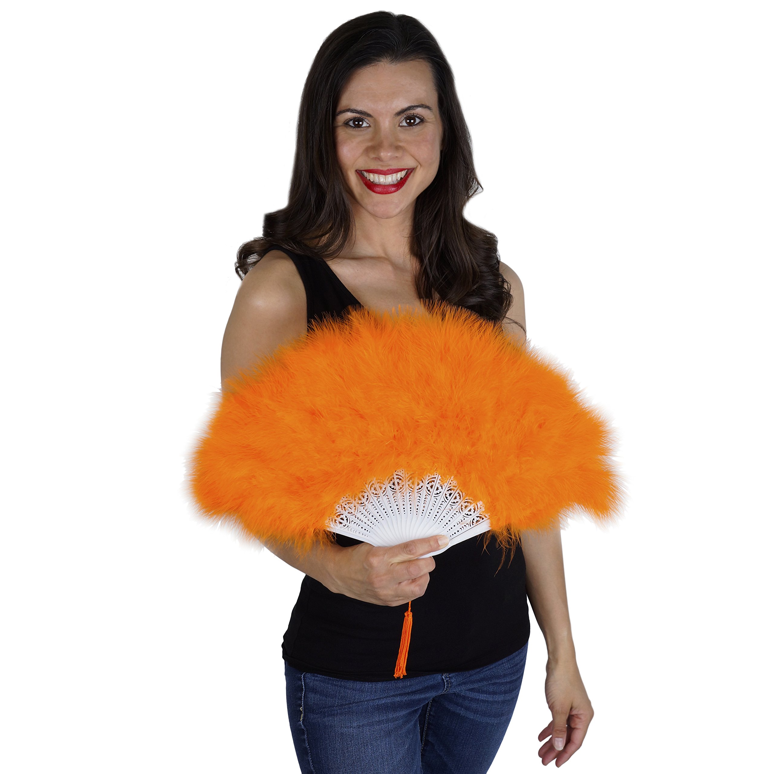 ZUCKER Small Marabou Feather Hand Fan - Vintage Folding Fan for Women, Burlesque Showgirl Accessory, Orange Feather Costume Fan - Perfect for Dance Performances, Themed Parties & Photo Props