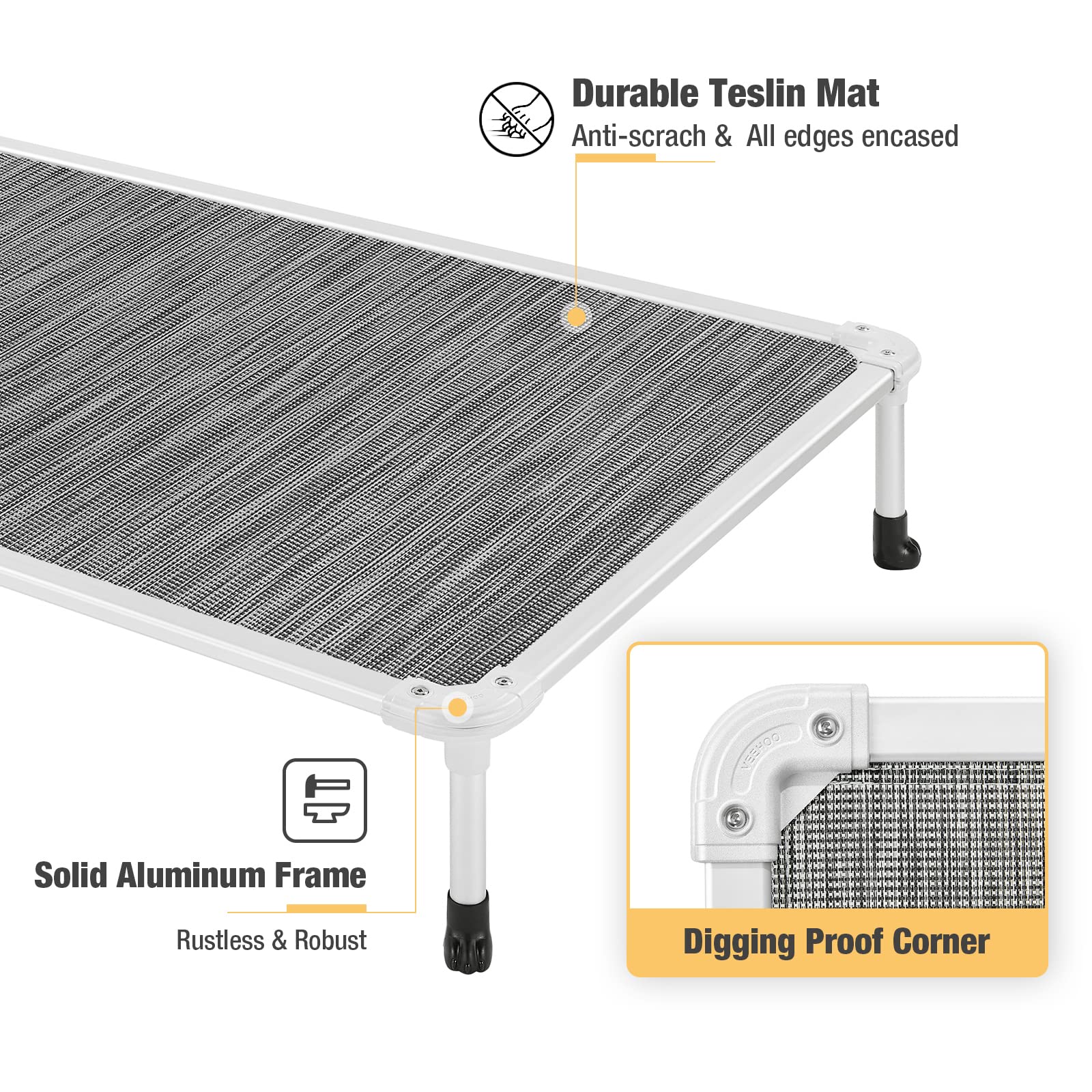 Veehoo Chew Proof Elevated Cooling Dog Bed - Durable Textilene Mesh & Silver Aluminum Frame Pet Cot with Non-Slip Feet - Indoor/Outdoor Use for Large Dogs - Perfect for Backyard, Patio, or Kennel Comfort