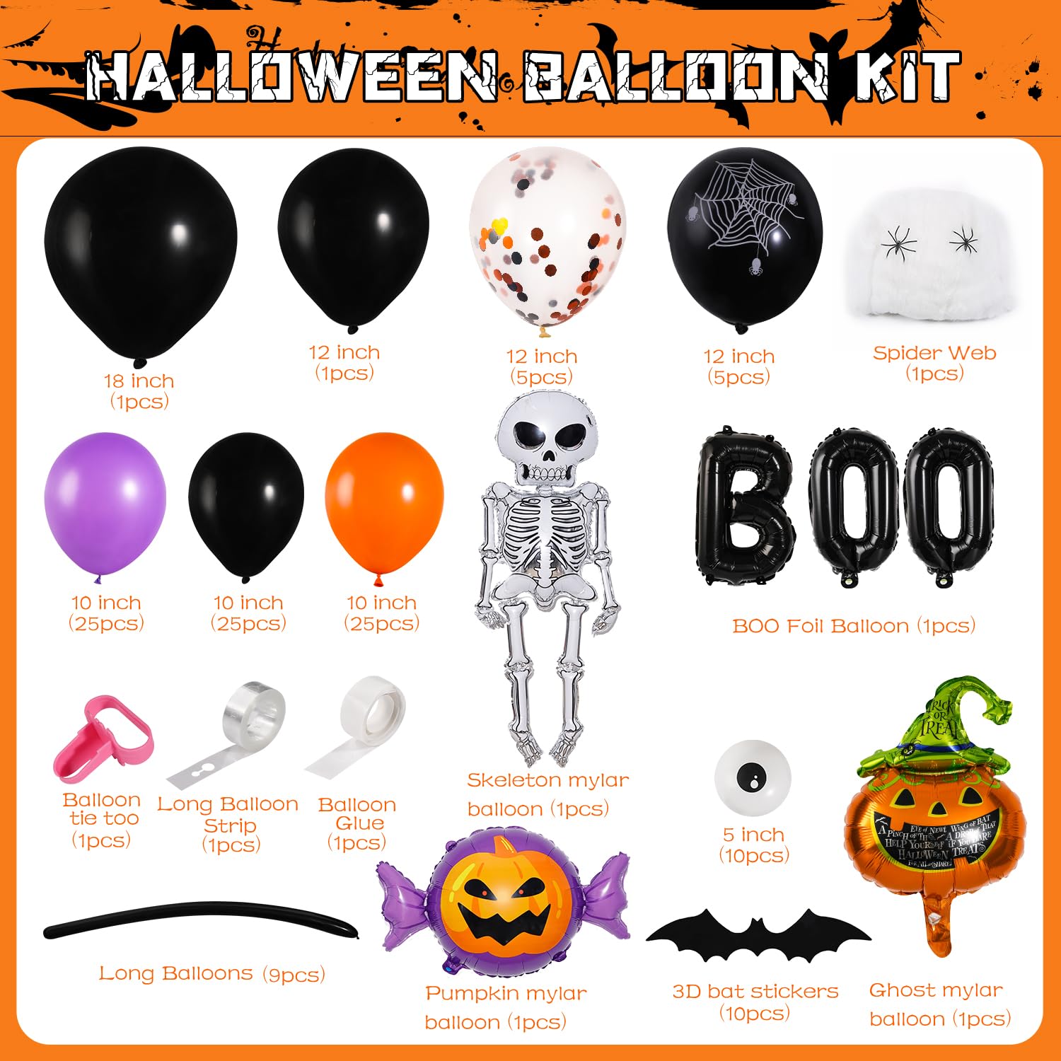 129pcs Halloween Balloons Garland Arch Kit - Black Orange Purple Balloon Decorations with Confetti, Pumpkin, Skeleton, Bat & Ghost Foil Balloons for Halloween Party Decor | Perfect for Birthday Parties, Home Decor & Spooky Event Backdrops