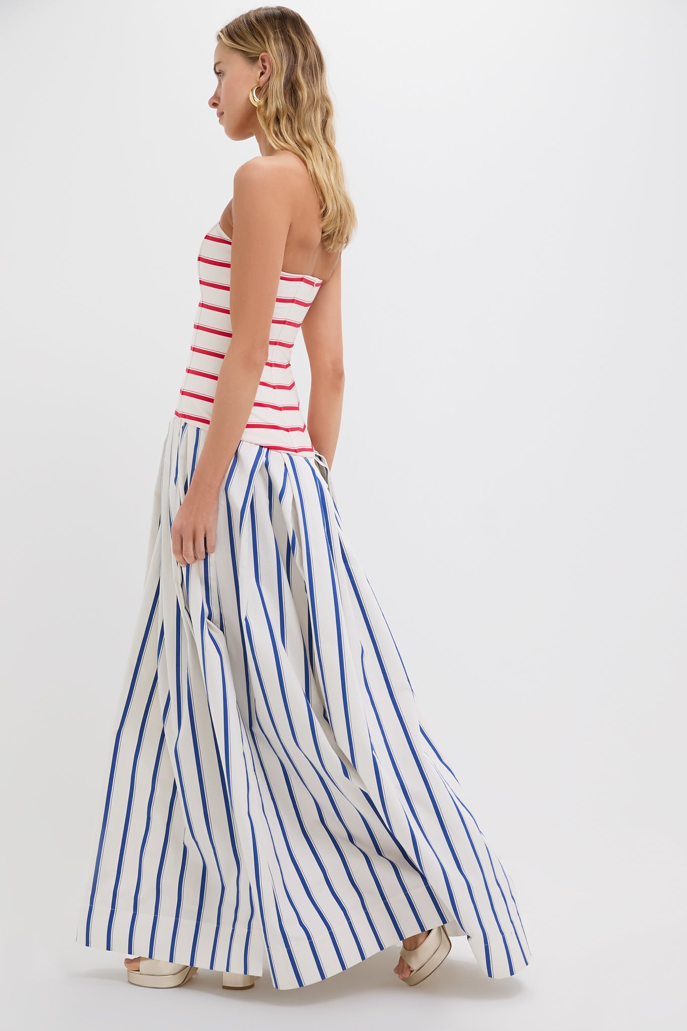 Elegant Blue Stripe Strapless Drop Waist Evening Gown for Prom, Wedding & Formal Events | Flattering A-Line Silhouette
