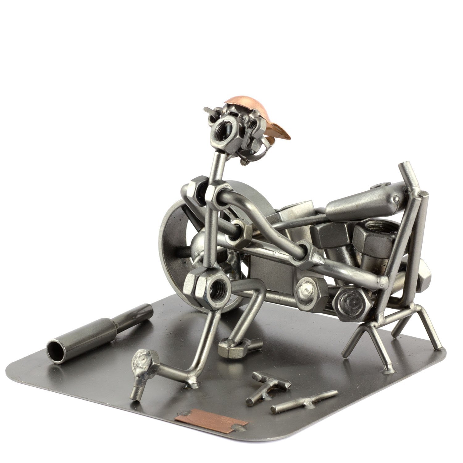 Handmade German Metal Motorcycle Mechanic Sculpture - Nuts & Bolts Figurine | Unique Home Decor, Workshop Gift & Man Cave Accessory