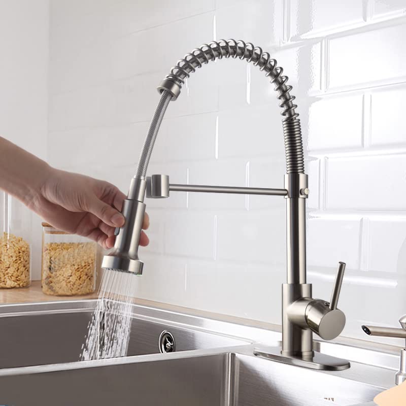 Brass Single Lever Kitchen Sink Mixer Tap with 360° Swivel & Pullout Sprayer - Multi-Function Spray Head Technology - Brushed Nickel Finish for Modern Kitchens (Easy Installation & Water Saving Design)