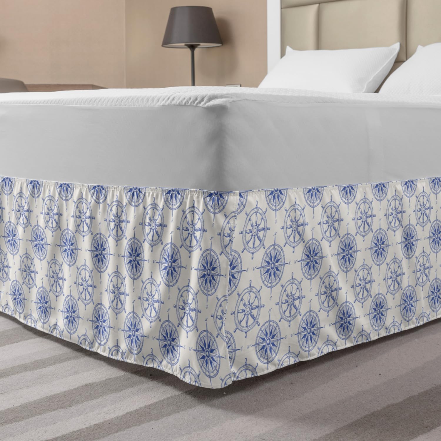 Ambesonne Nautical Elastic Bed Skirt - King Size Blue & White Marine Themed with Hand-Drawn Compass, Ship Wheel & Sailing Motifs | Wrap Around Dust Ruffle for Bedroom Decor | Perfect for Coastal, Beach House or Nautical Theme Bedrooms