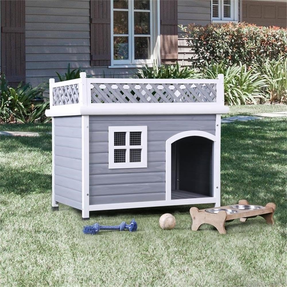 Olivar Contemporary Wood Dog House in Gray & White - Modern Indoor/Outdoor Pet Shelter for Small to Medium Dogs - Perfect for Backyard, Patio, or Living Room
