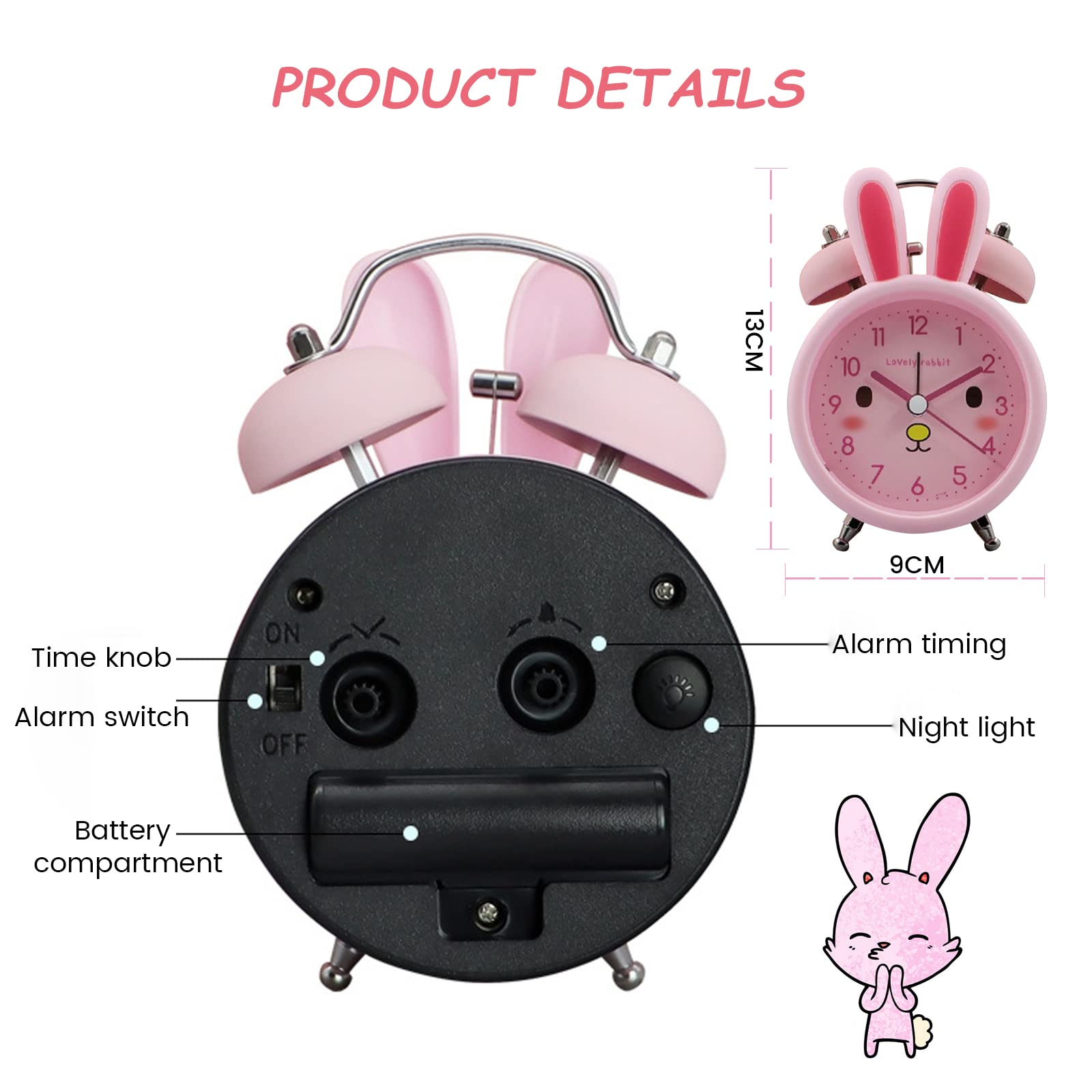 **Cartoon Bunny Alarm Clock for Kids & Heavy Sleepers - Loud Twin Bell, Backlight, Bedroom Decor - Perfect for Waking Up & Room Decoration (Blue)**