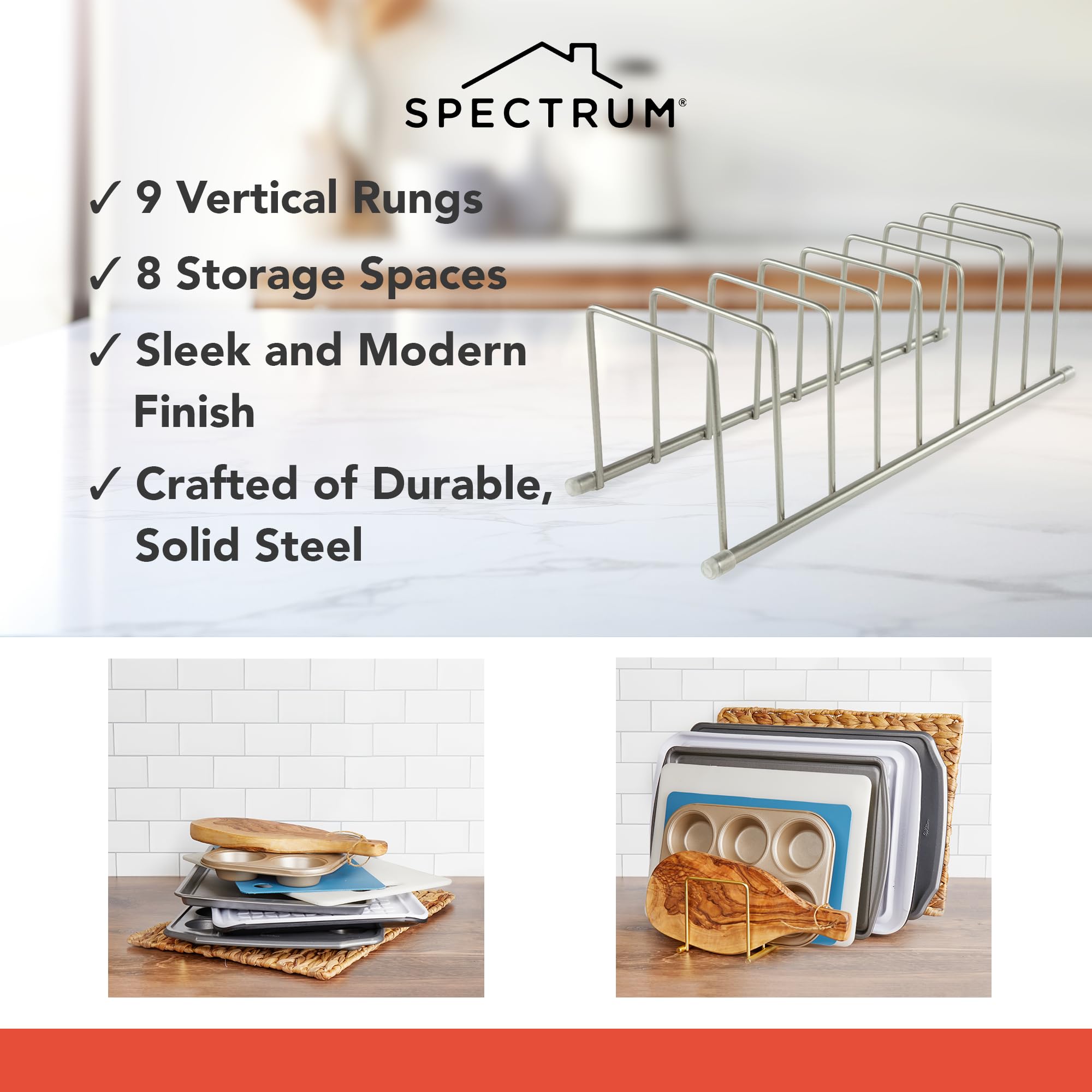 Euro Kitchen Organizer Rack for Plates, Cutting Boards, Bakeware & Pots - Durable Satin Nickel Storage Solution | Perfect for Pantry, Cabinet & Countertop Organization