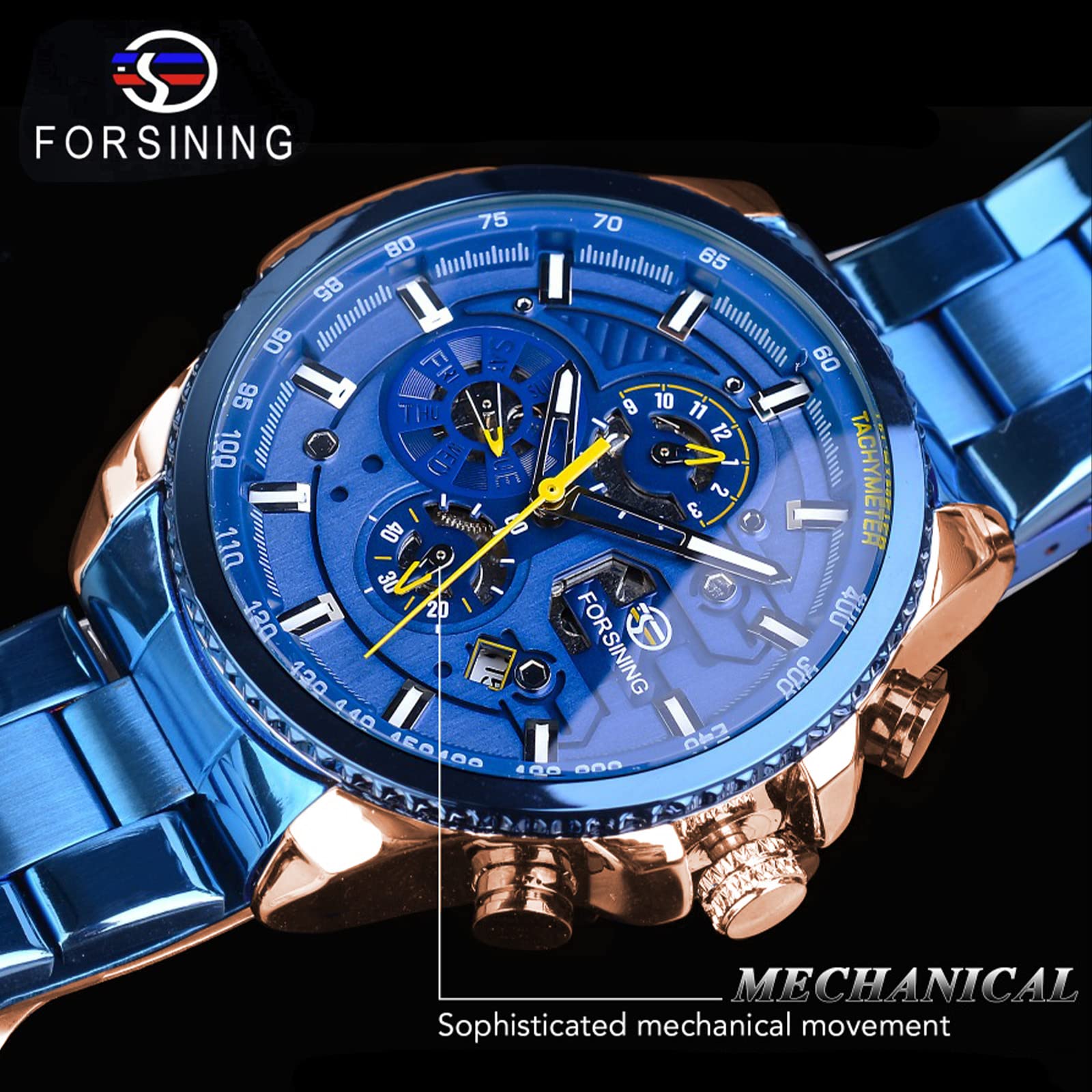 FORSINING Men's Automatic Self-Winding Mechanical Watch - Luxury Stainless Steel Case with Large Dial, Date, Month, Day, Stopwatch & Tachymeter - Perfect for Business, Formal Events & Everyday Wear