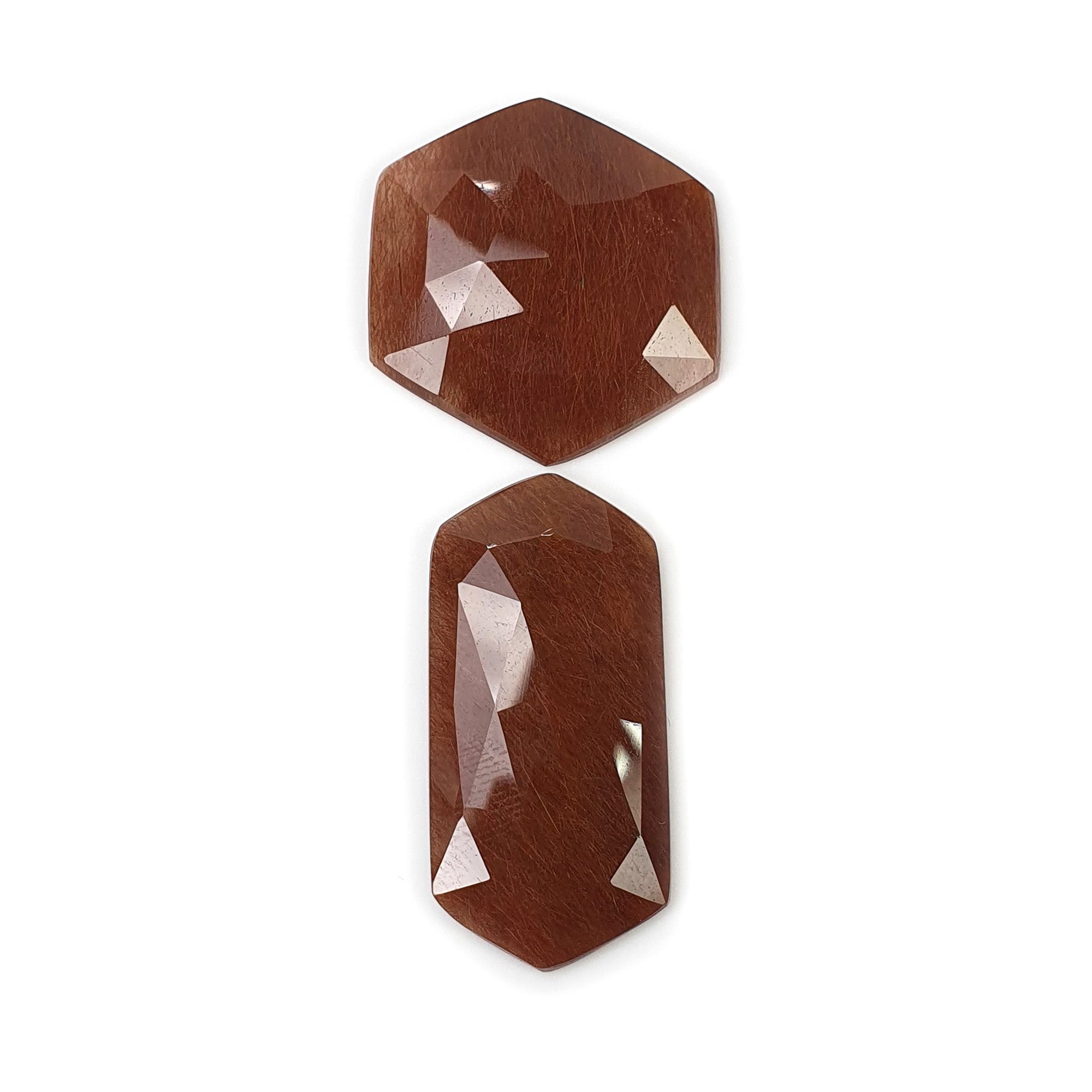 Natural Brown Rutile Quartz Gemstone - 37.80cts Untreated Hexagon Rose Cut (32x15mm & 24mm 2pcs) for Jewelry Making, Healing Crystals & Mineral Collection - Includes Video