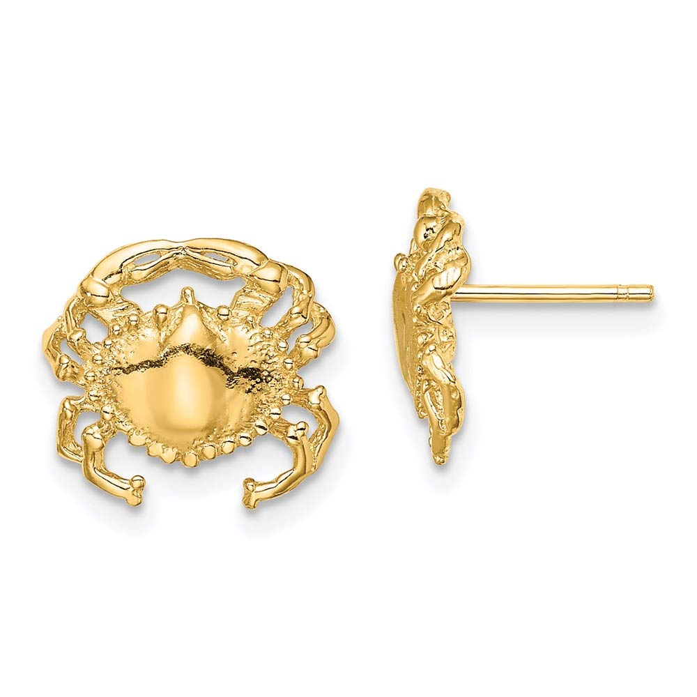 14K Yellow Gold Polished Crab Stud Earrings - Elegant 2D Marine Animal Jewelry for Women, Perfect for Beach Vacations, Summer Outfits and Gift Giving