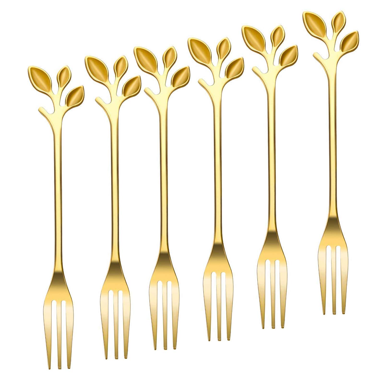 6-Piece Gold Leaf Appetizer Cake Fruit Forks Set - 4.7 Inch Stainless Steel Cocktail Picks for Dessert Tasting, Mirror Finish Kitchen Accessories - Perfect for Weddings, Parties & Tea Time Snacks