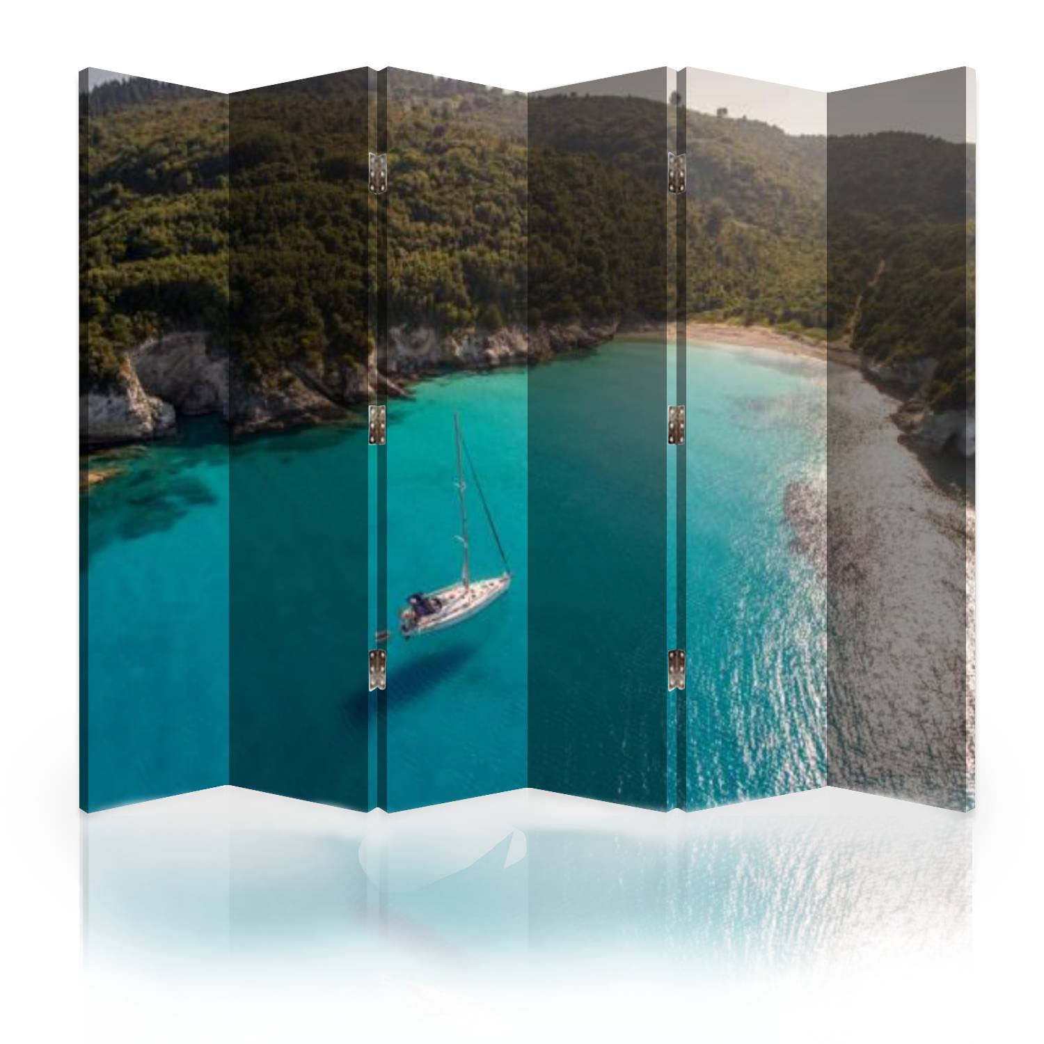 6-Panel Canvas Room Divider Screen - Mediterranean Island Coastal Design Folding Privacy Partition for Bedroom, Office & Living Space | Decorative Wall Separator for Home & Commercial Use