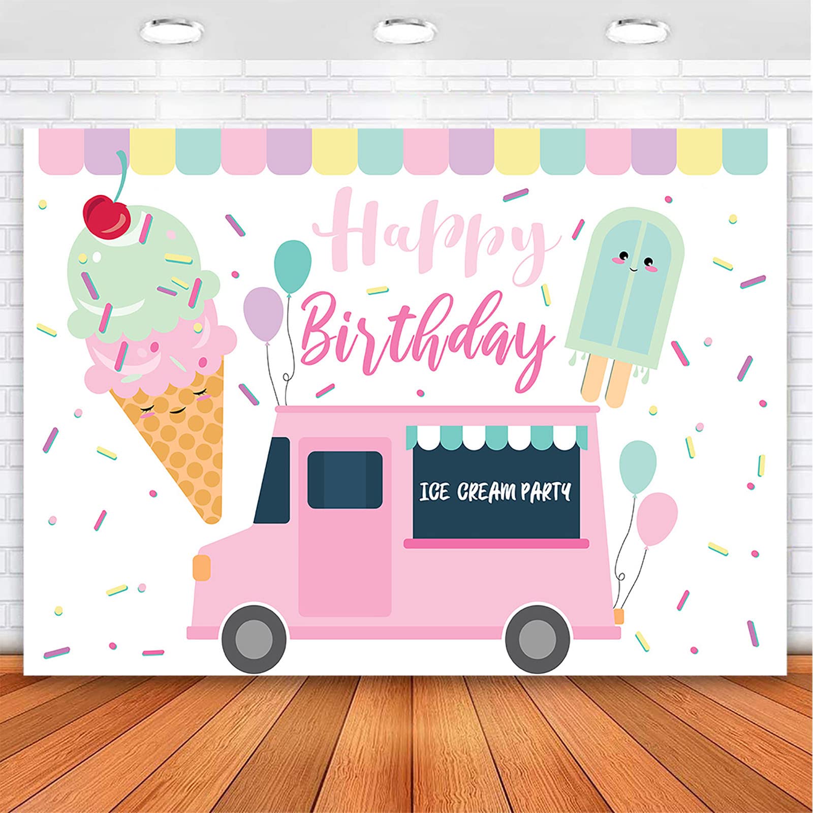 Avezano Ice Cream Party Backdrop - 7x5ft Ice Cream Truck Birthday Decor with Sprinkles - Perfect for Ice Cream Shop Themed Parties, Baby Showers & Summer Celebrations