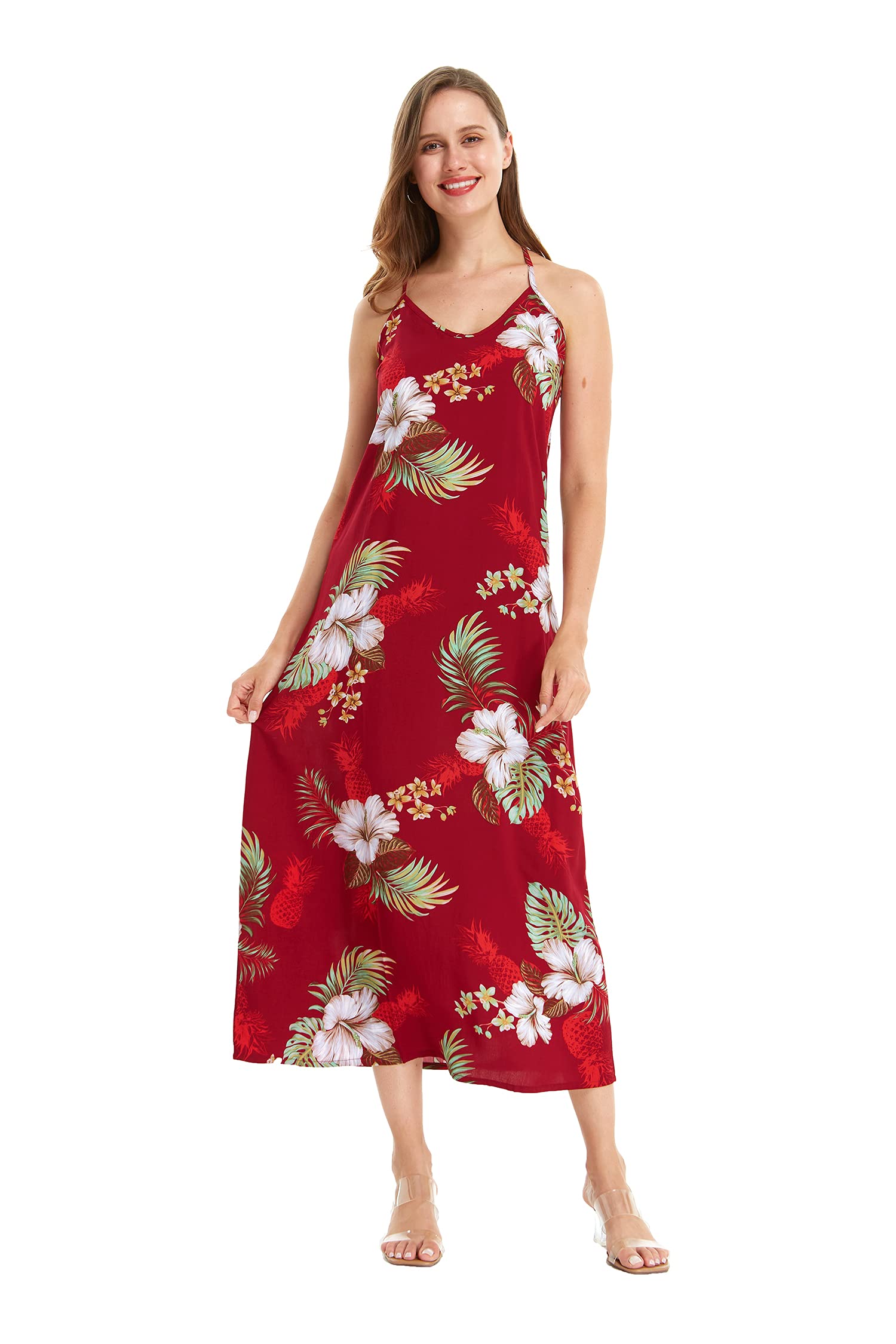 Women's Hawaiian Luau Pineapple Print Maxi Dress with Sweetheart Neckline - Navy Blue Tropical Summer Beach Party Outfit for Vacation & Poolside Gatherings