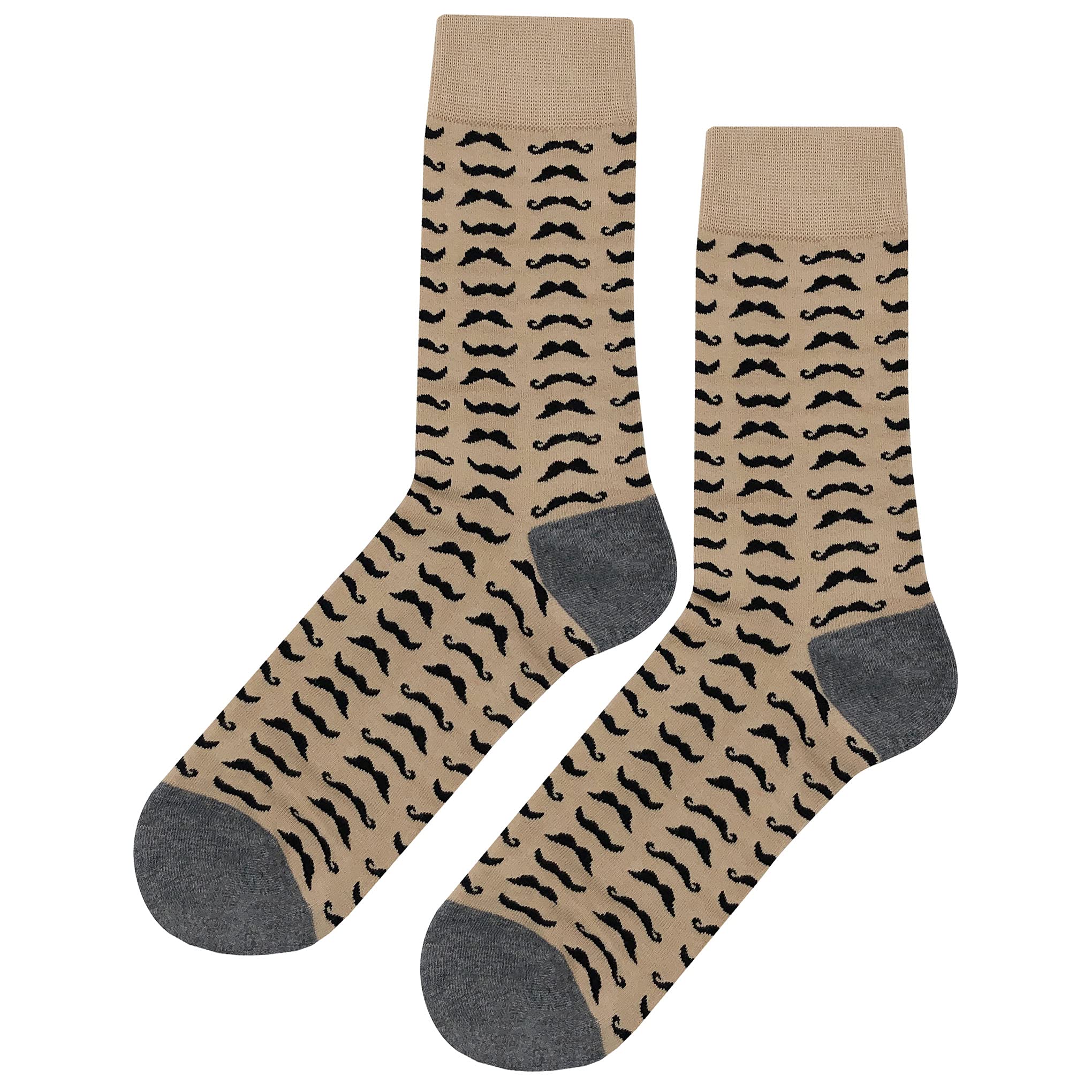 Funny Beige Mustache Dress Socks for Men - Novelty Cotton Crew Socks Size 8-12 - Colorful & Funky Casual Socks - Perfect Gift for Him | Great for Costume Parties, Gag Gifts & Everyday Wear