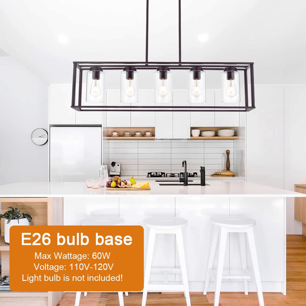 VINLUZ 5-Light Modern Linear Kitchen Island Chandelier - Oil Rubbed Bronze Cage Pendant Light with Clear Glass Shades - Farmhouse Ceiling Lighting Fixture for Dining Room, Living Room & Kitchen Island Decor