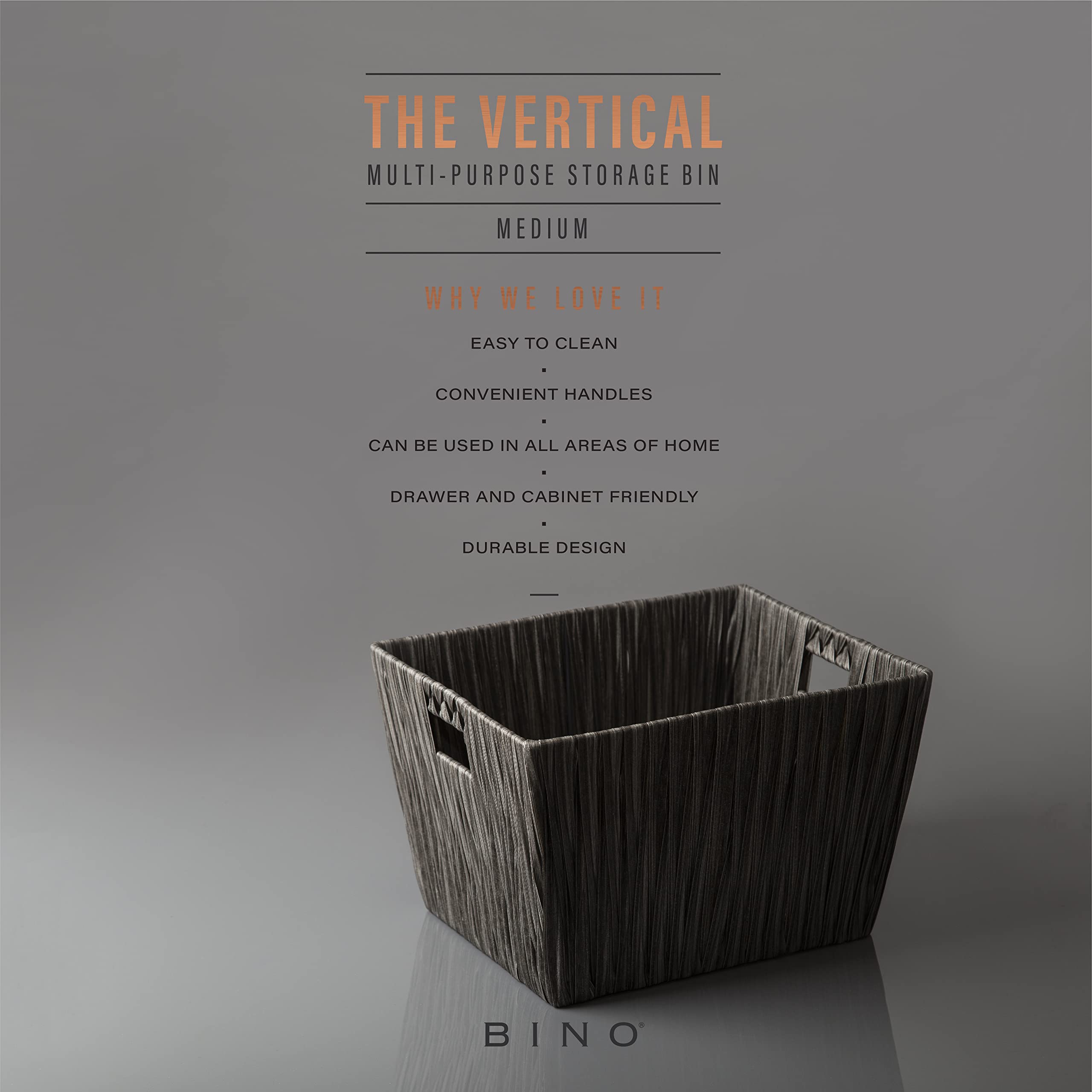 BINO 2-Pack Woven Resin Storage Baskets - Medium Dark Grey Shelf Organizer with Built-in Handles | Perfect for Closet, Bathroom & Pantry Organization