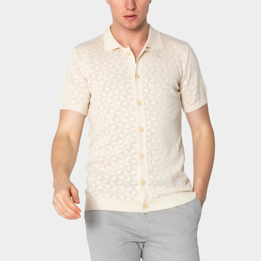 Geometric Crochet Polo Shirt for Women - Beige Cotton Summer Top, Boho Chic Style | Perfect for Beach Outings, Music Festivals & Casual Wear