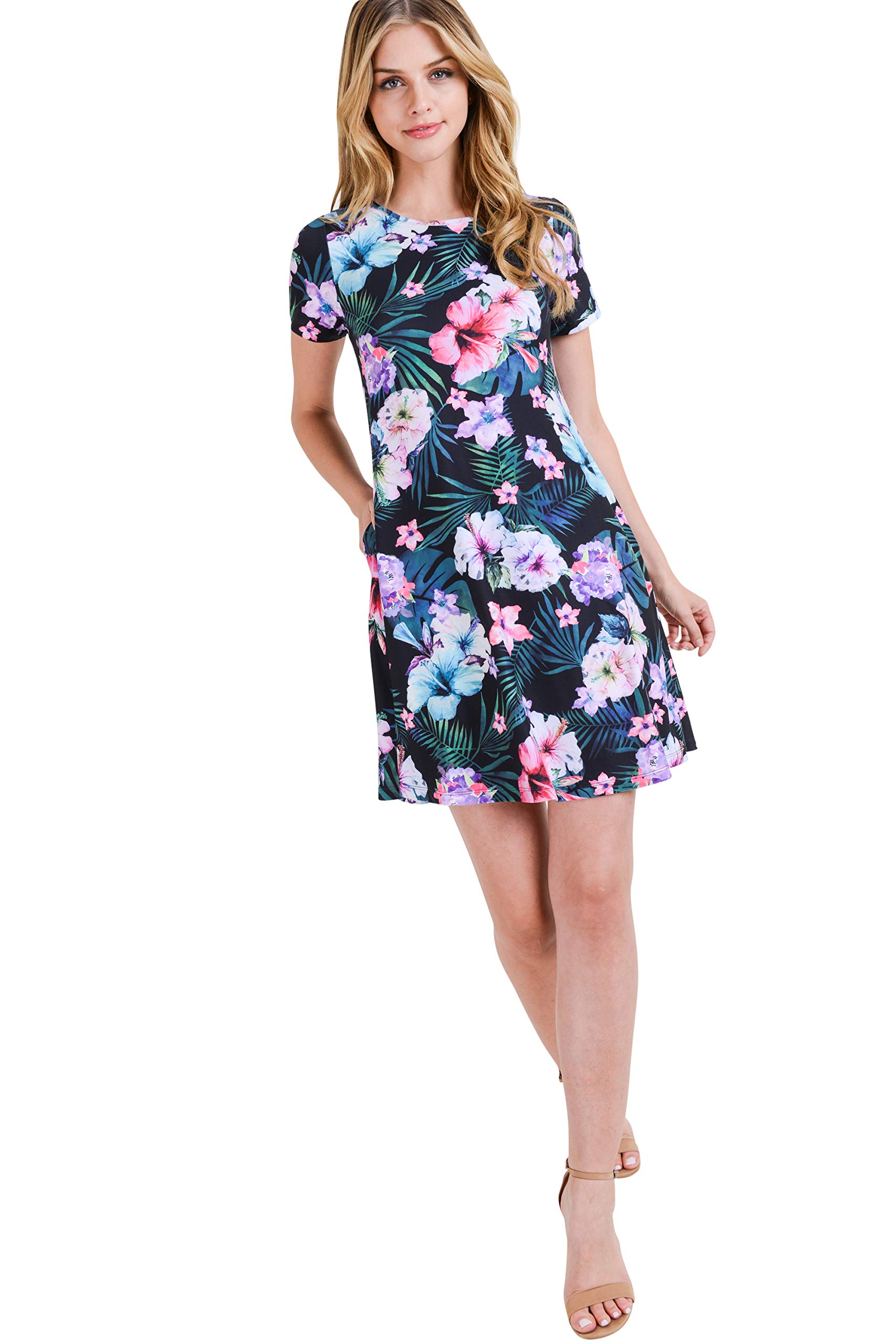 ICONOFLASH Women's Floral Print Casual Summer Dress with Pockets - Short Sleeve Comfortable A-Line Sundress for Beach, Vacation & Everyday Wear