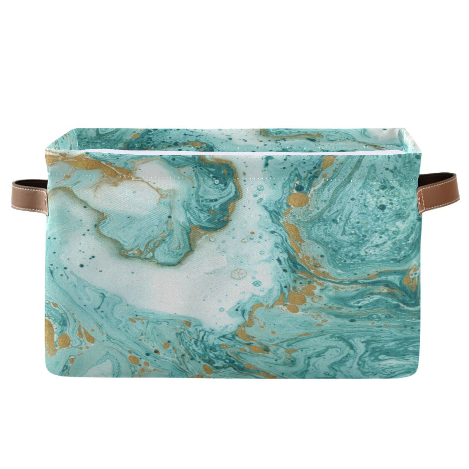 Teal Turquoise Marble Storage Basket - Foldable Rectangular Organizer Bin with Handles for Home & Office - Perfect for Closet Organization, Toy Storage, and Laundry Room Decor